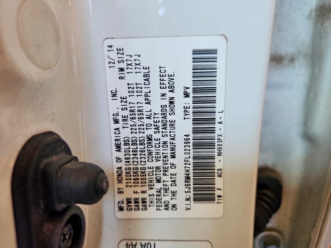 2015 Honda Cr-v Exl White vin: 5J6RM4H72FL023964