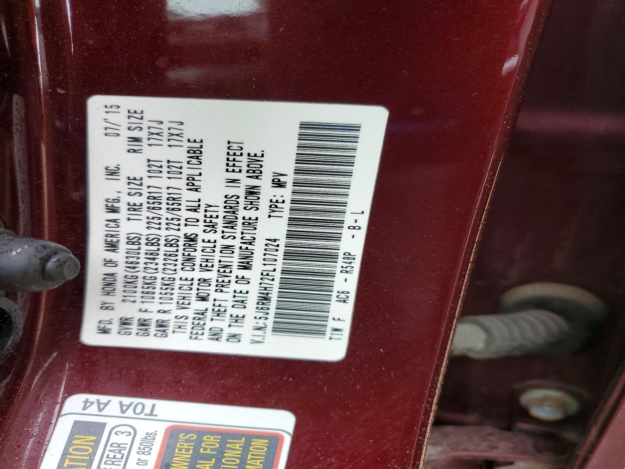 2015 Honda Cr-v Exl Burgundy vin: 5J6RM4H72FL107024
