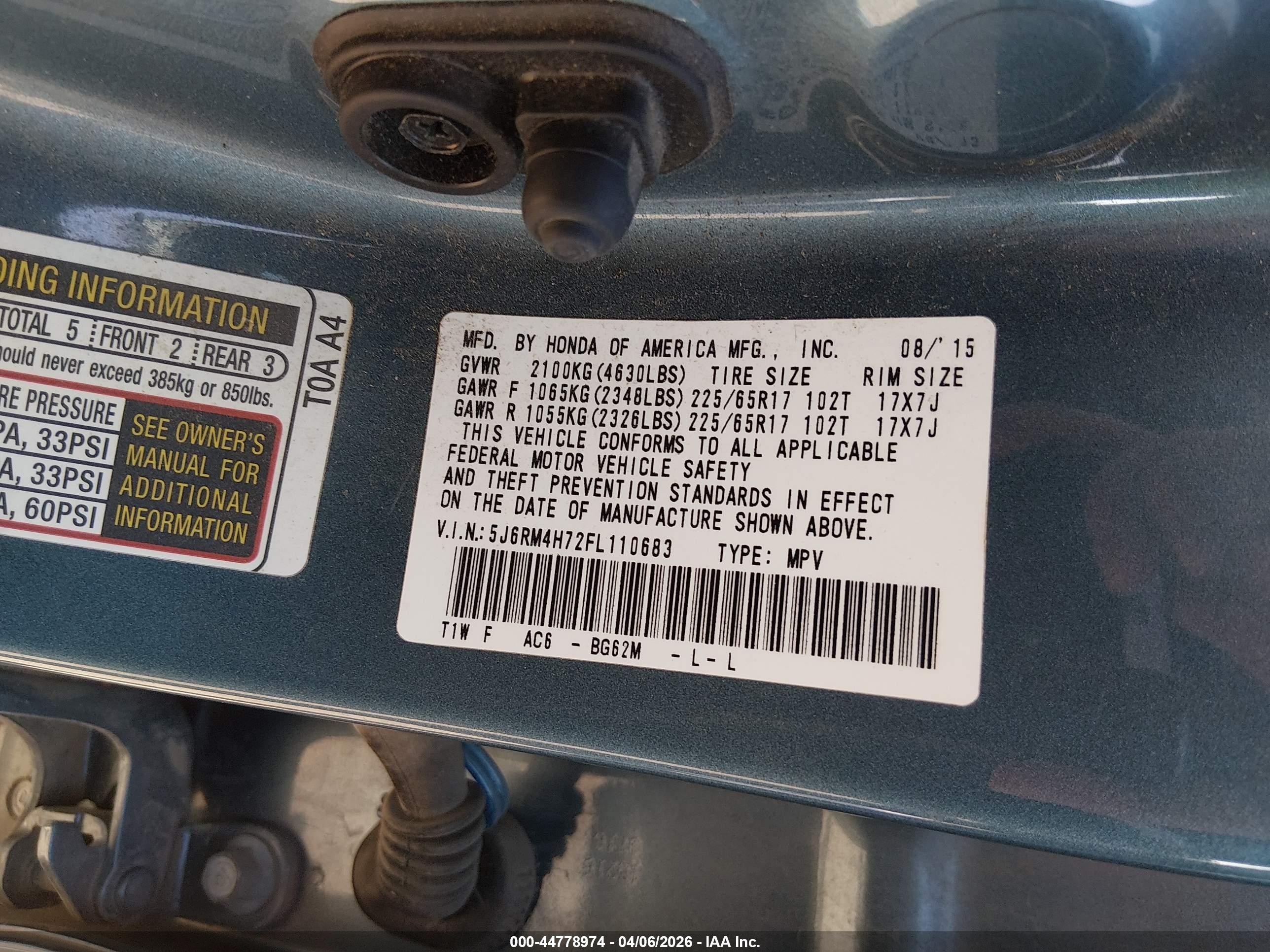 2015 Honda Cr-v Ex-l Light Blue vin: 5J6RM4H72FL110683