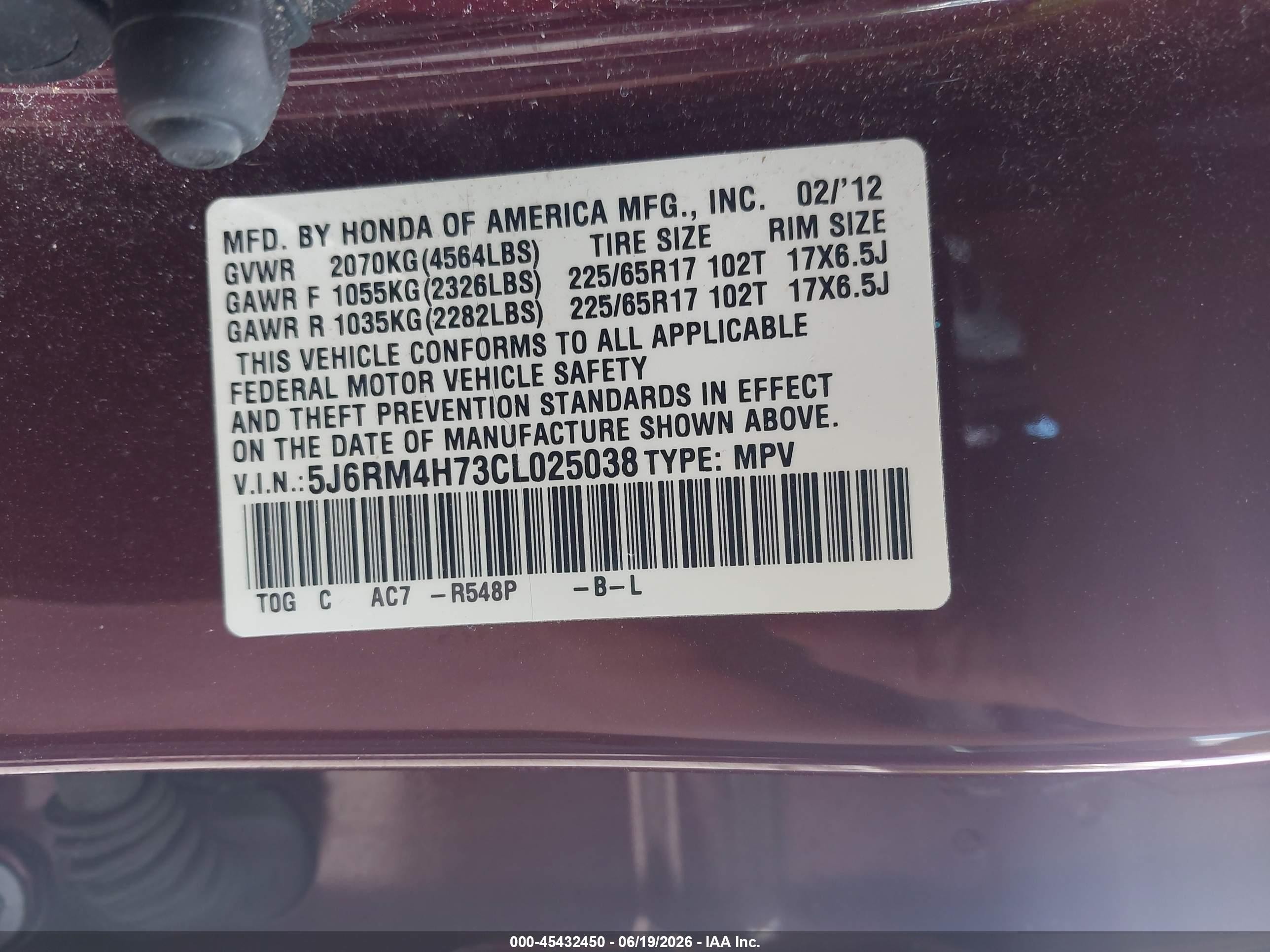 2012 Honda Cr-v Ex-l Maroon vin: 5J6RM4H73CL025038