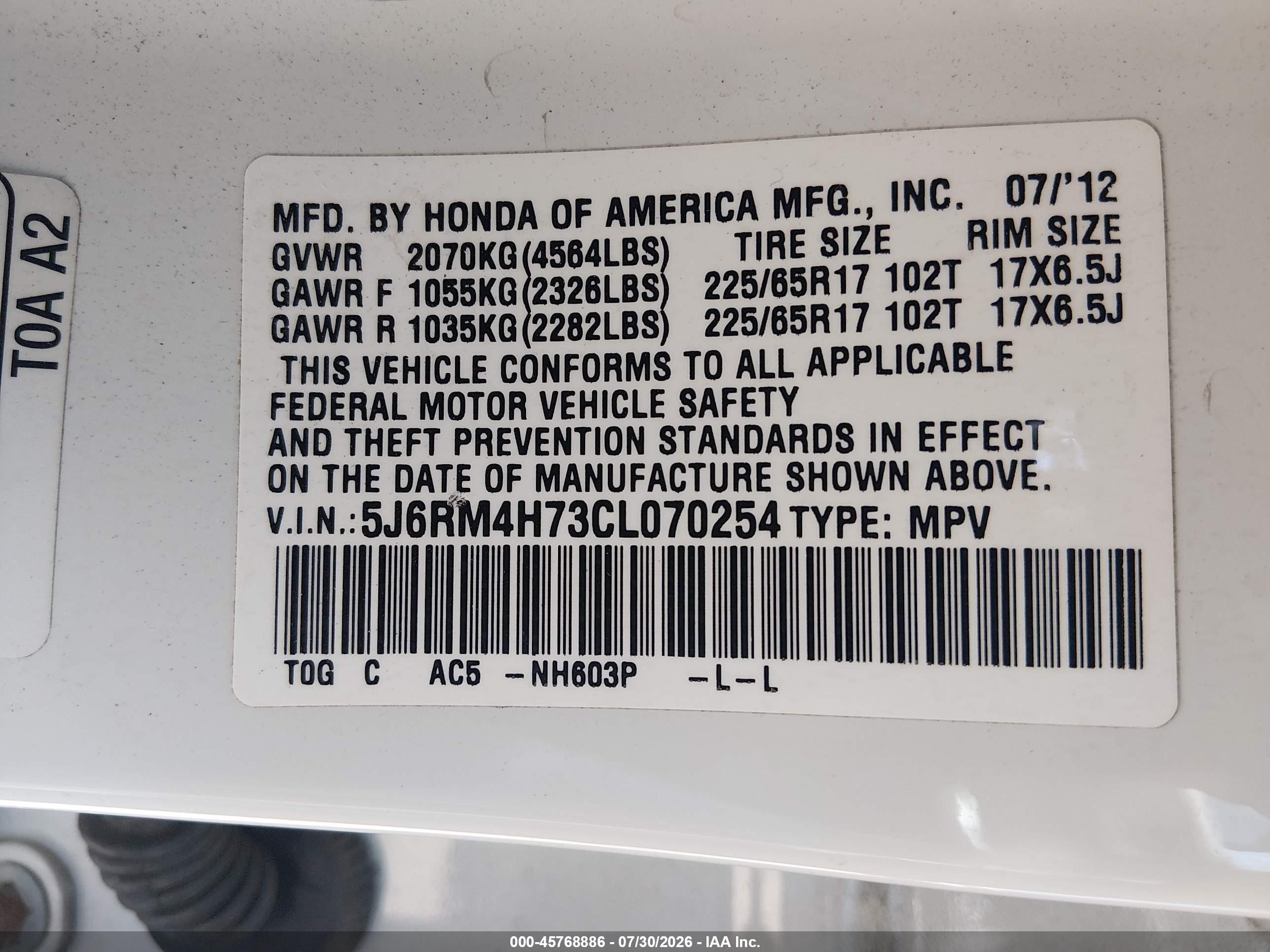 2012 Honda Cr-v Ex-l White vin: 5J6RM4H73CL070254