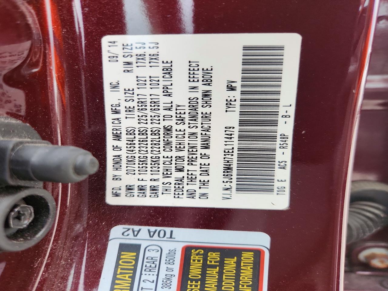 2014 Honda Cr-v Exl Burgundy vin: 5J6RM4H73EL114479