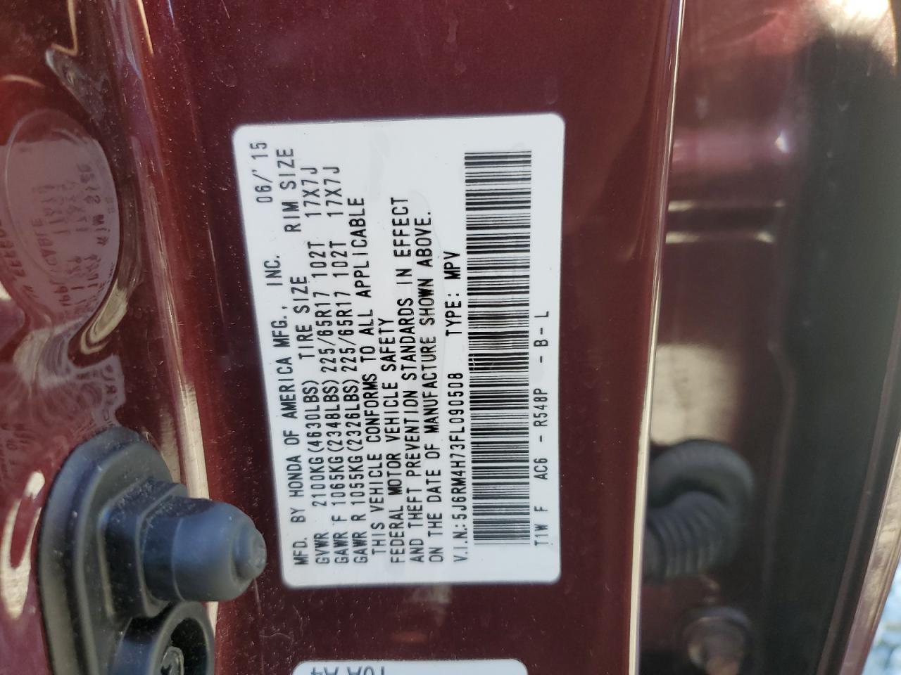 2015 Honda Cr-v Exl Red vin: 5J6RM4H73FL090508