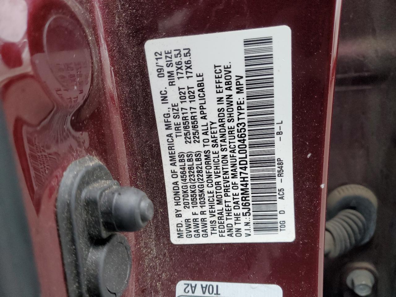 2013 Honda Cr-v Exl Maroon vin: 5J6RM4H74DL004653
