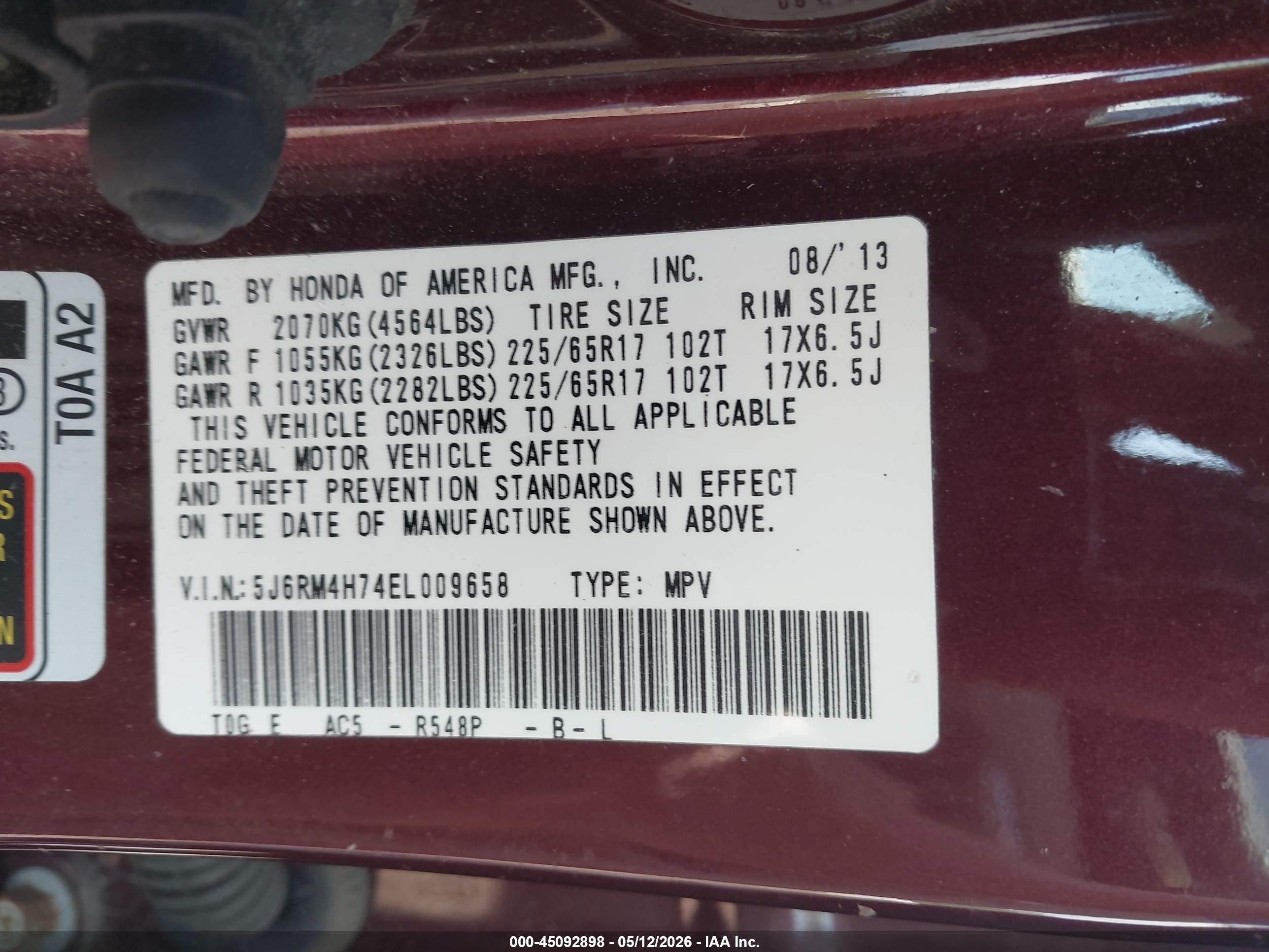 2014 Honda Cr-v Ex-l Burgundy vin: 5J6RM4H74EL009658
