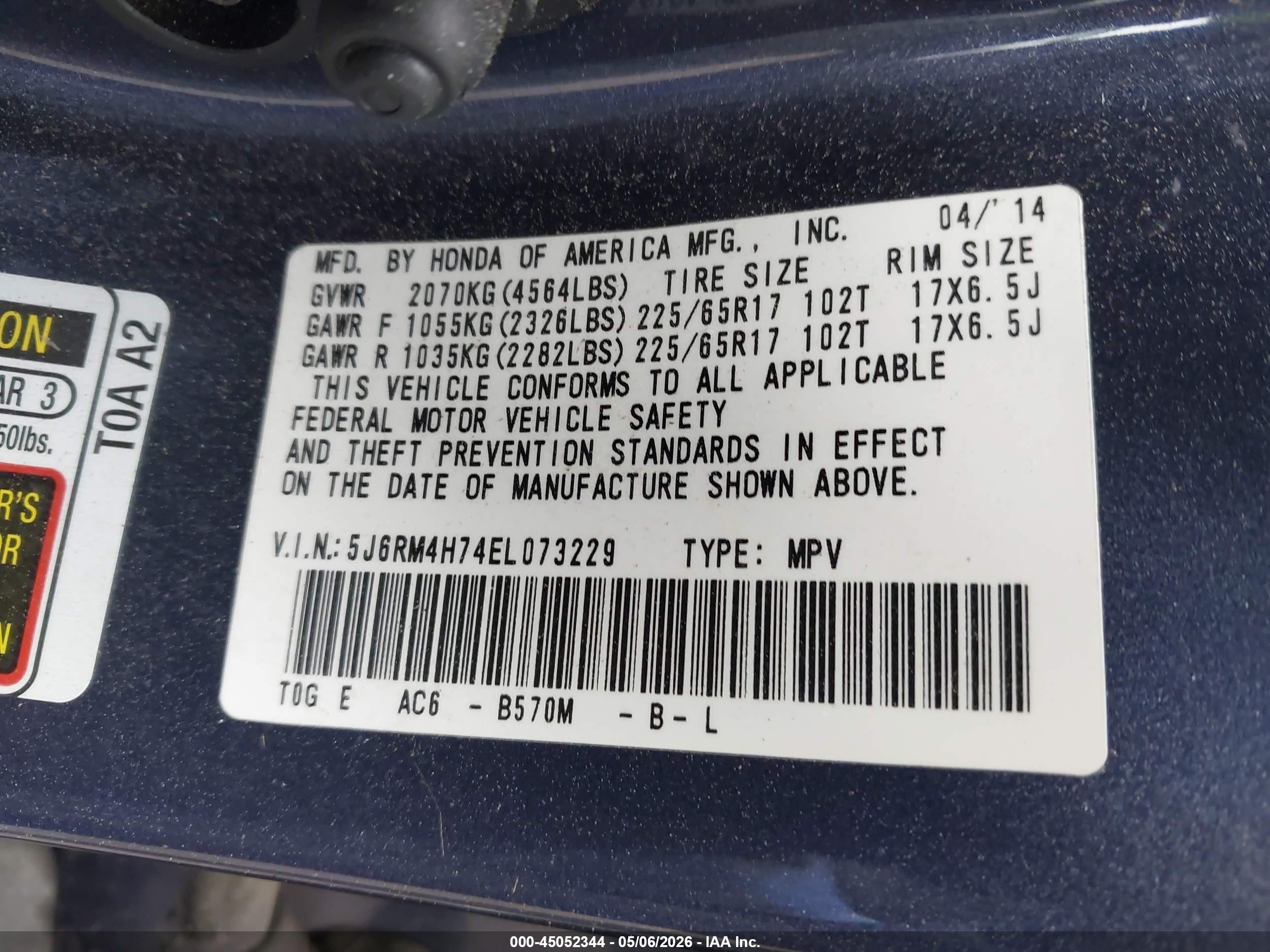 2014 Honda Cr-v Ex-l Blue vin: 5J6RM4H74EL073229