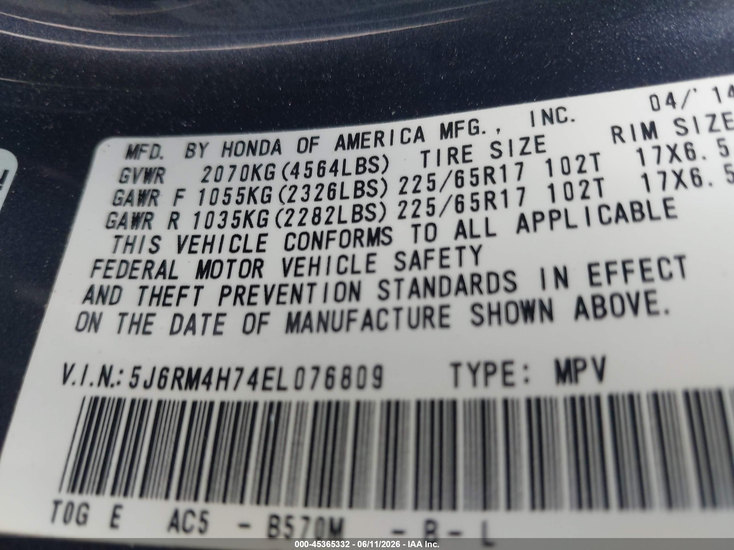 2014 Honda Cr-v Ex-l Blue vin: 5J6RM4H74EL076809
