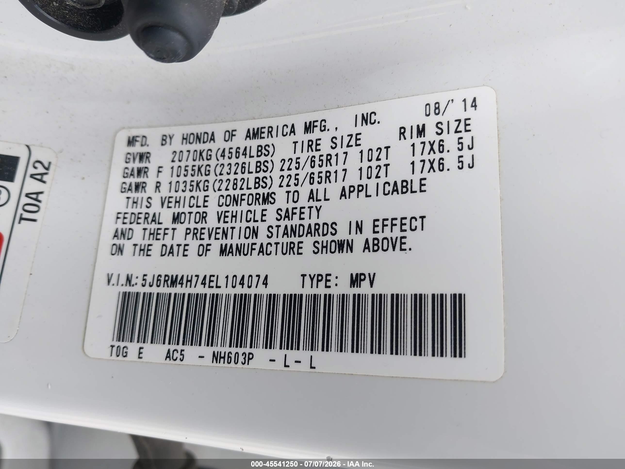 2014 Honda Cr-v Ex-l White vin: 5J6RM4H74EL104074