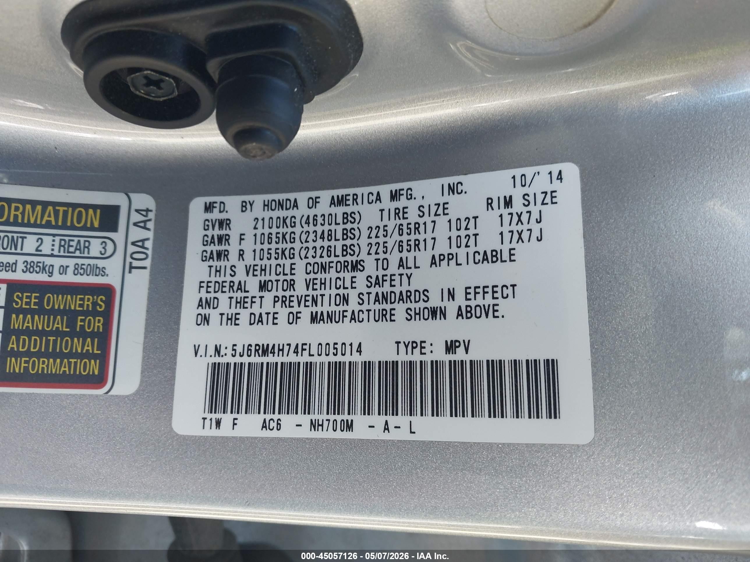 2015 Honda Cr-v Ex-l Silver vin: 5J6RM4H74FL005014