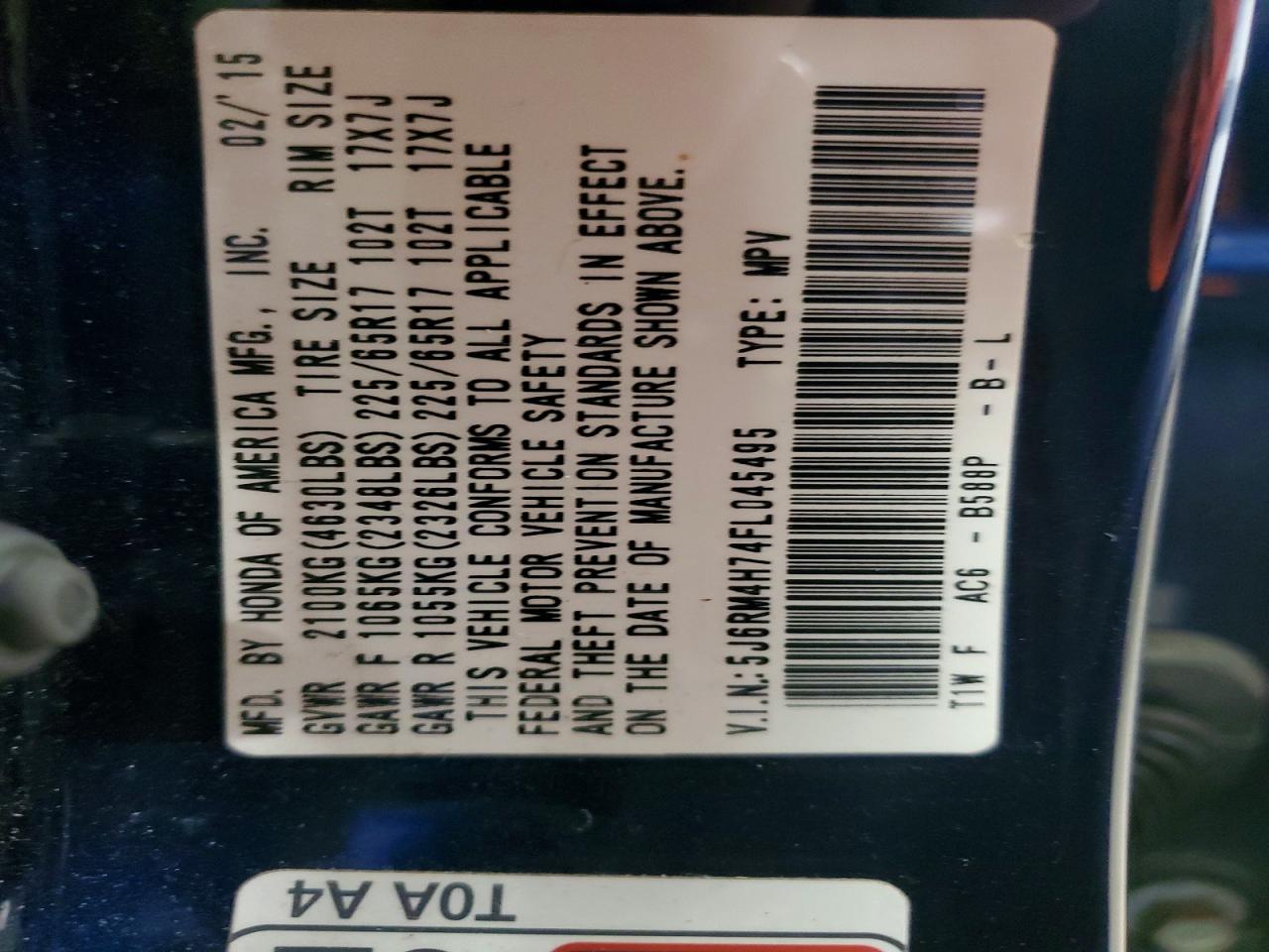 2015 Honda Cr-v Exl Синий vin: 5J6RM4H74FL045495