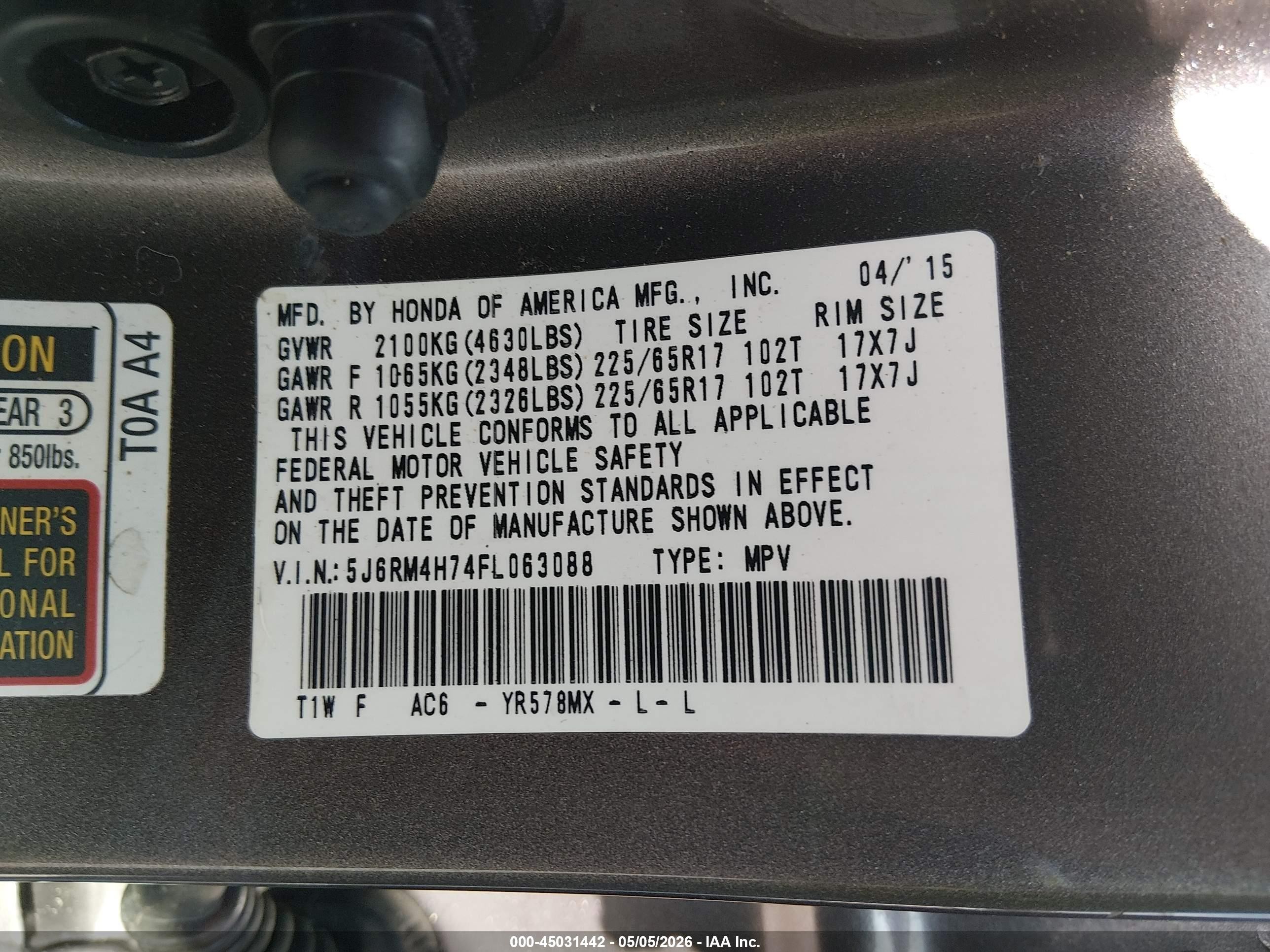 2015 Honda Cr-v Exl Gray vin: 5J6RM4H74FL063088