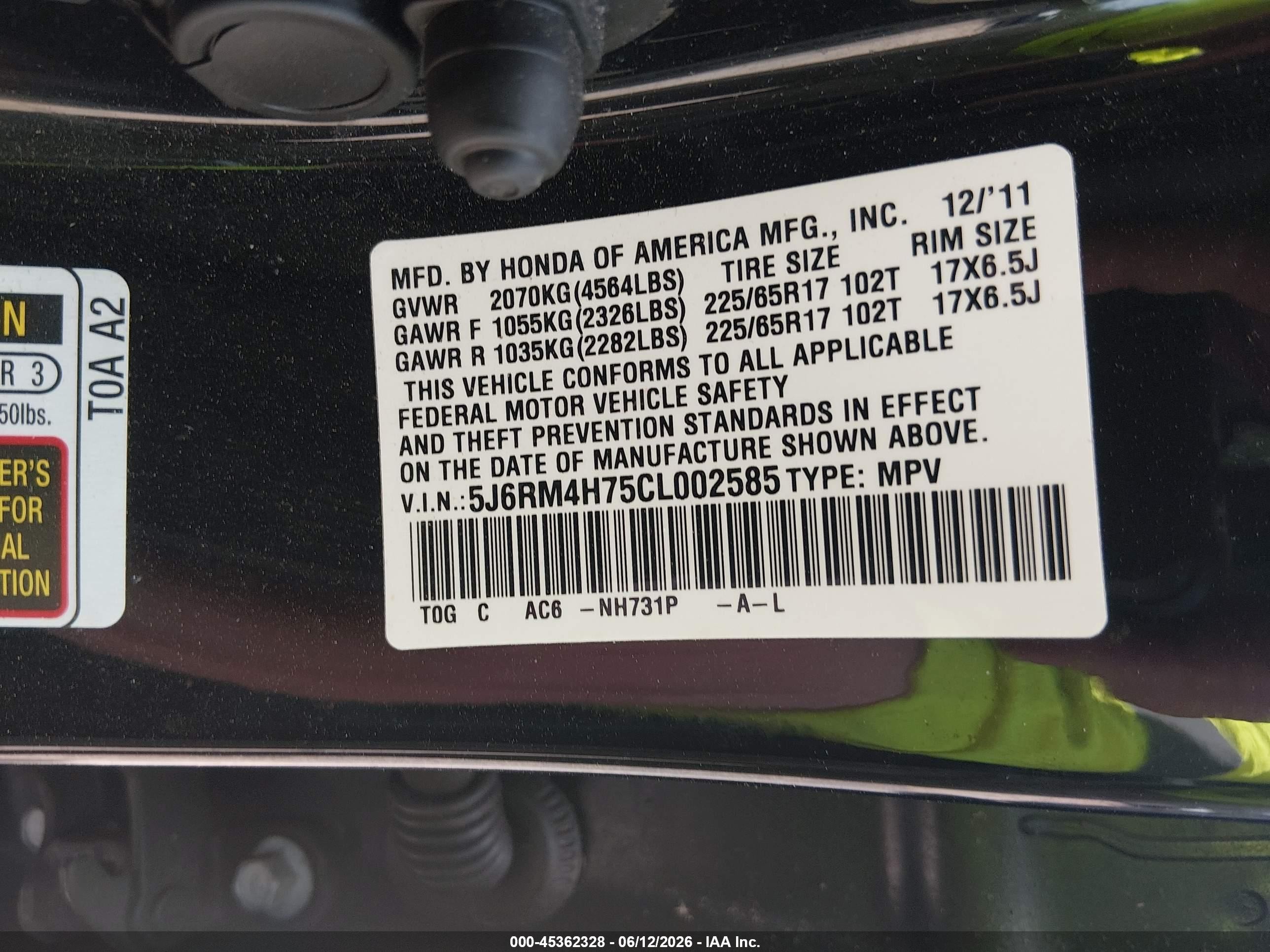 2012 Honda Cr-v Ex-l Black vin: 5J6RM4H75CL002585