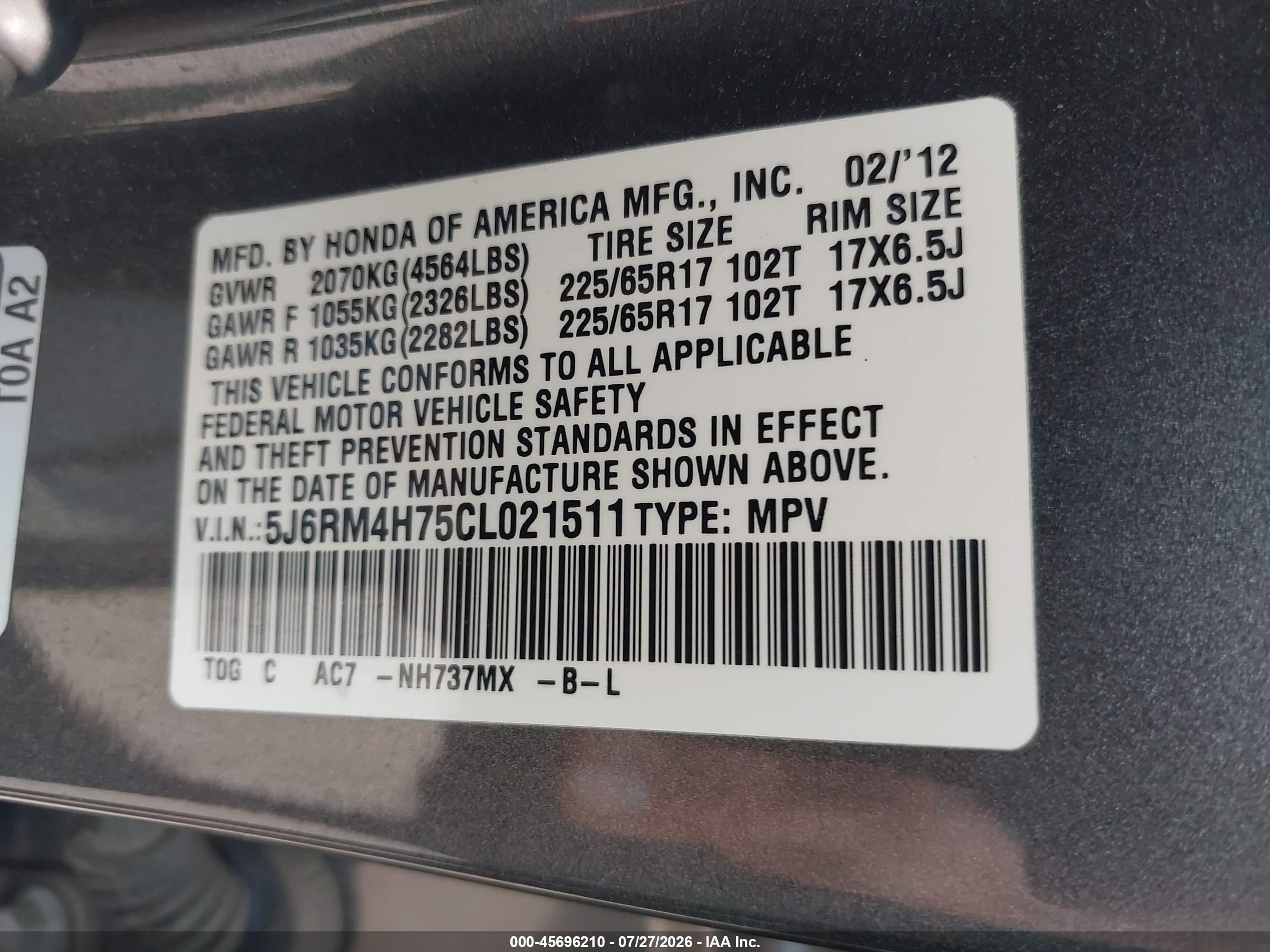 2012 Honda Cr-v Ex-l Серый vin: 5J6RM4H75CL021511