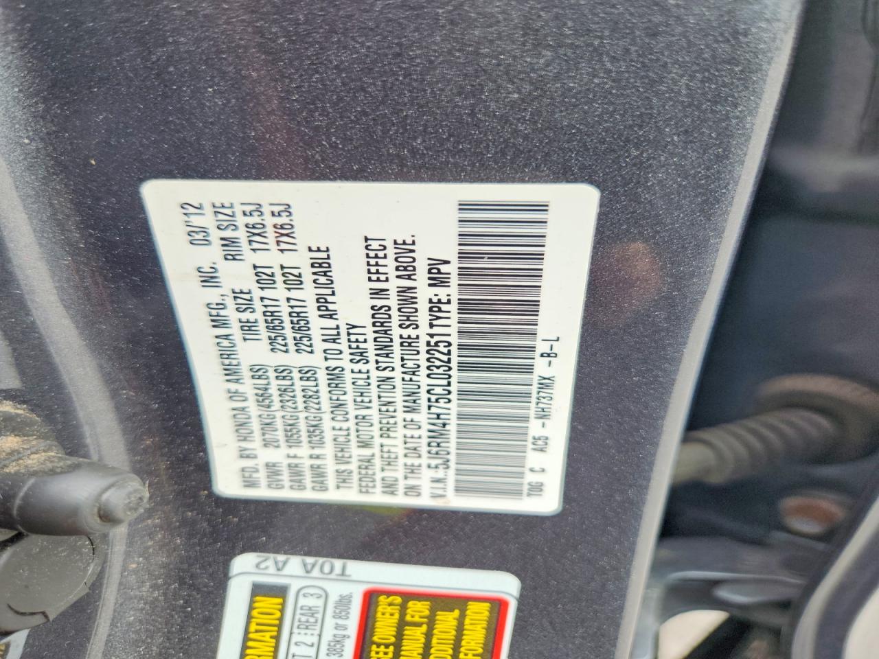 2012 Honda Cr-v Exl Charcoal vin: 5J6RM4H75CL032251