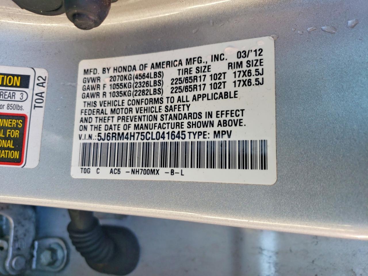 2012 Honda Cr-v Exl Серебряный vin: 5J6RM4H75CL041645