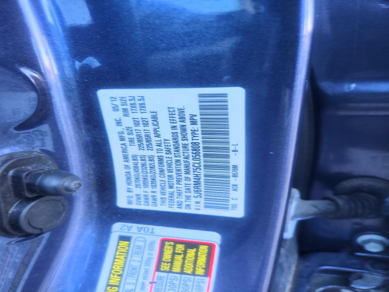 2012 Honda Cr-v Exl Blue vin: 5J6RM4H75CL056808