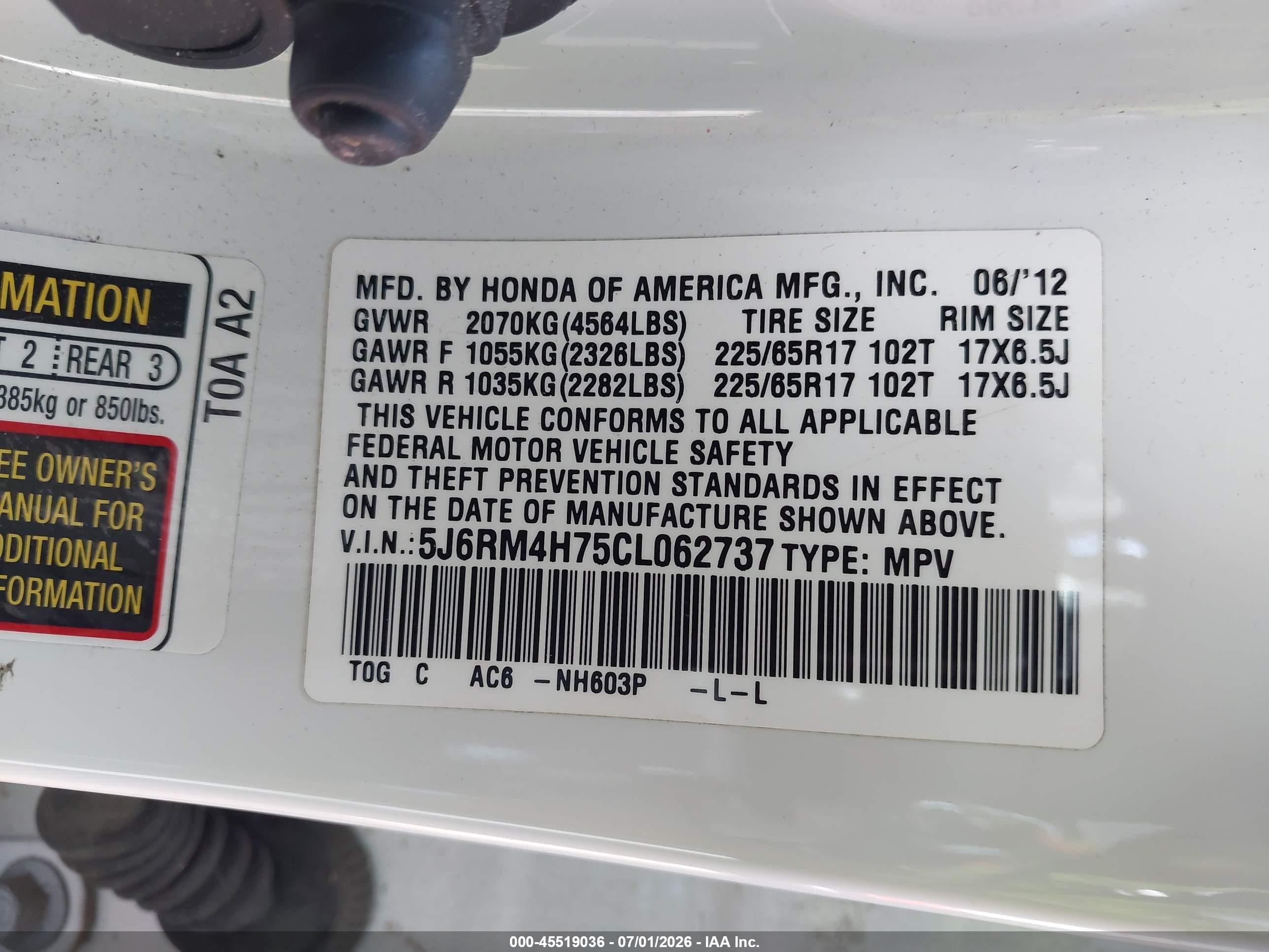 2012 Honda Cr-v Ex-l White vin: 5J6RM4H75CL062737