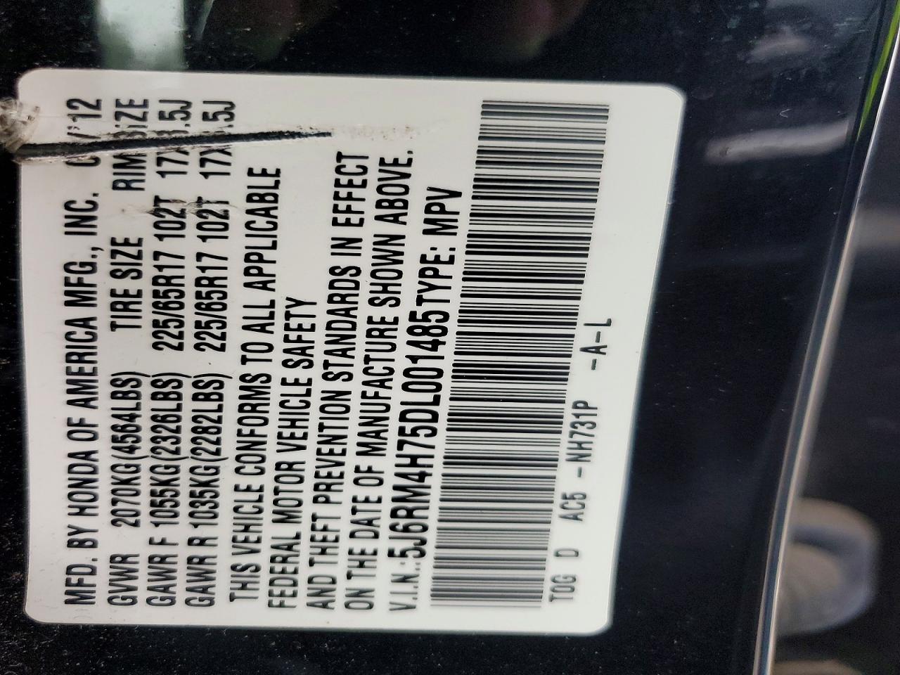 2013 Honda Cr-v Exl Black vin: 5J6RM4H75DL001485