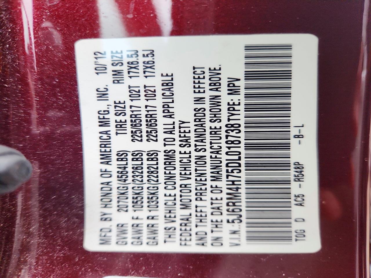 2013 Honda Cr-v Exl Burgundy vin: 5J6RM4H75DL018738