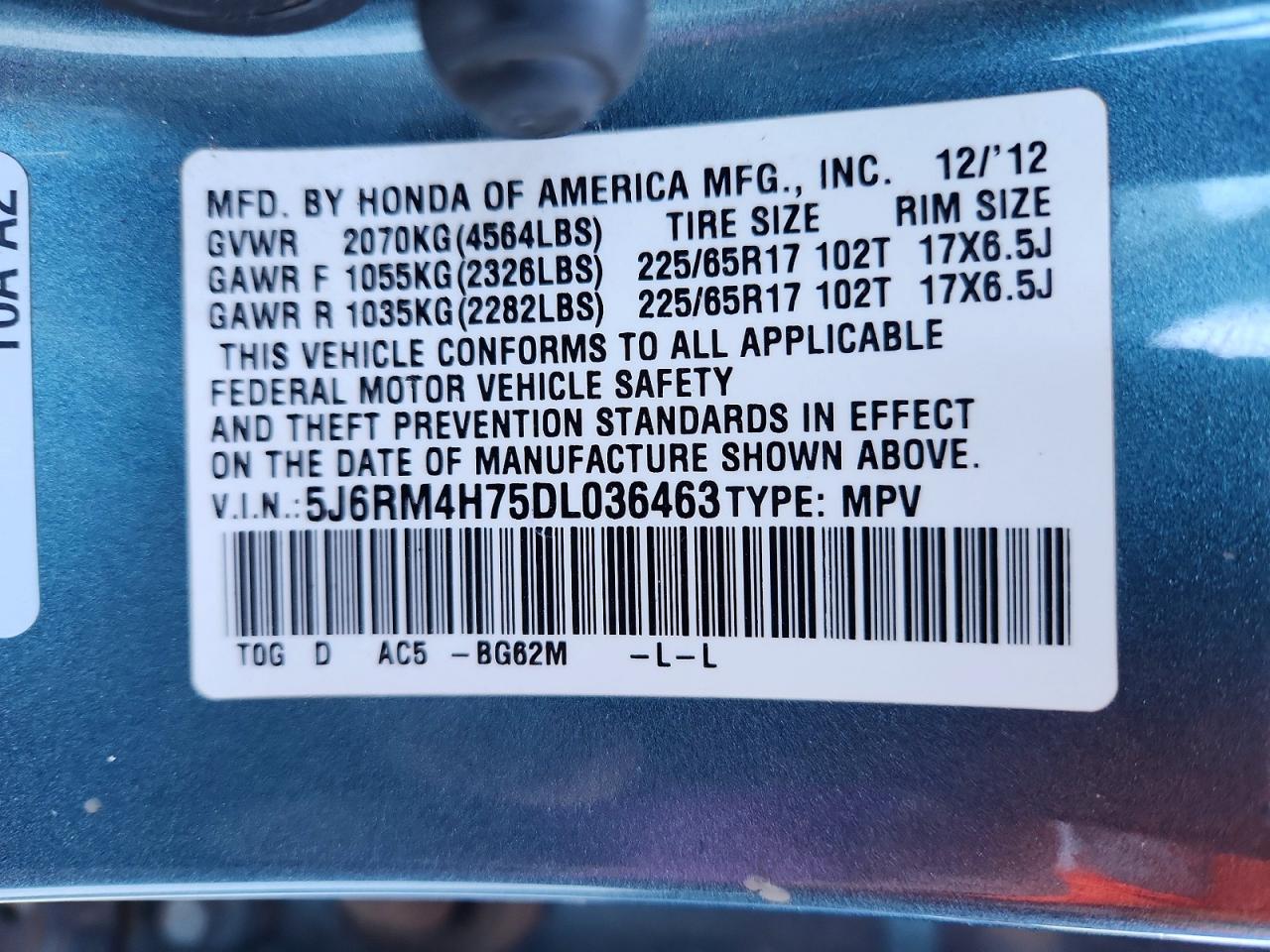 2013 Honda Cr-v Exl Teal vin: 5J6RM4H75DL036463