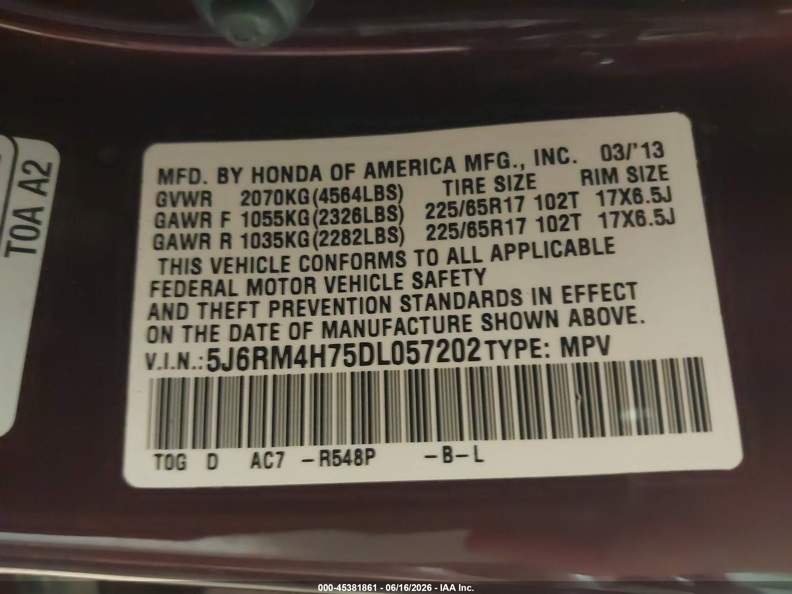 2013 Honda Cr-v Ex-l Burgundy vin: 5J6RM4H75DL057202