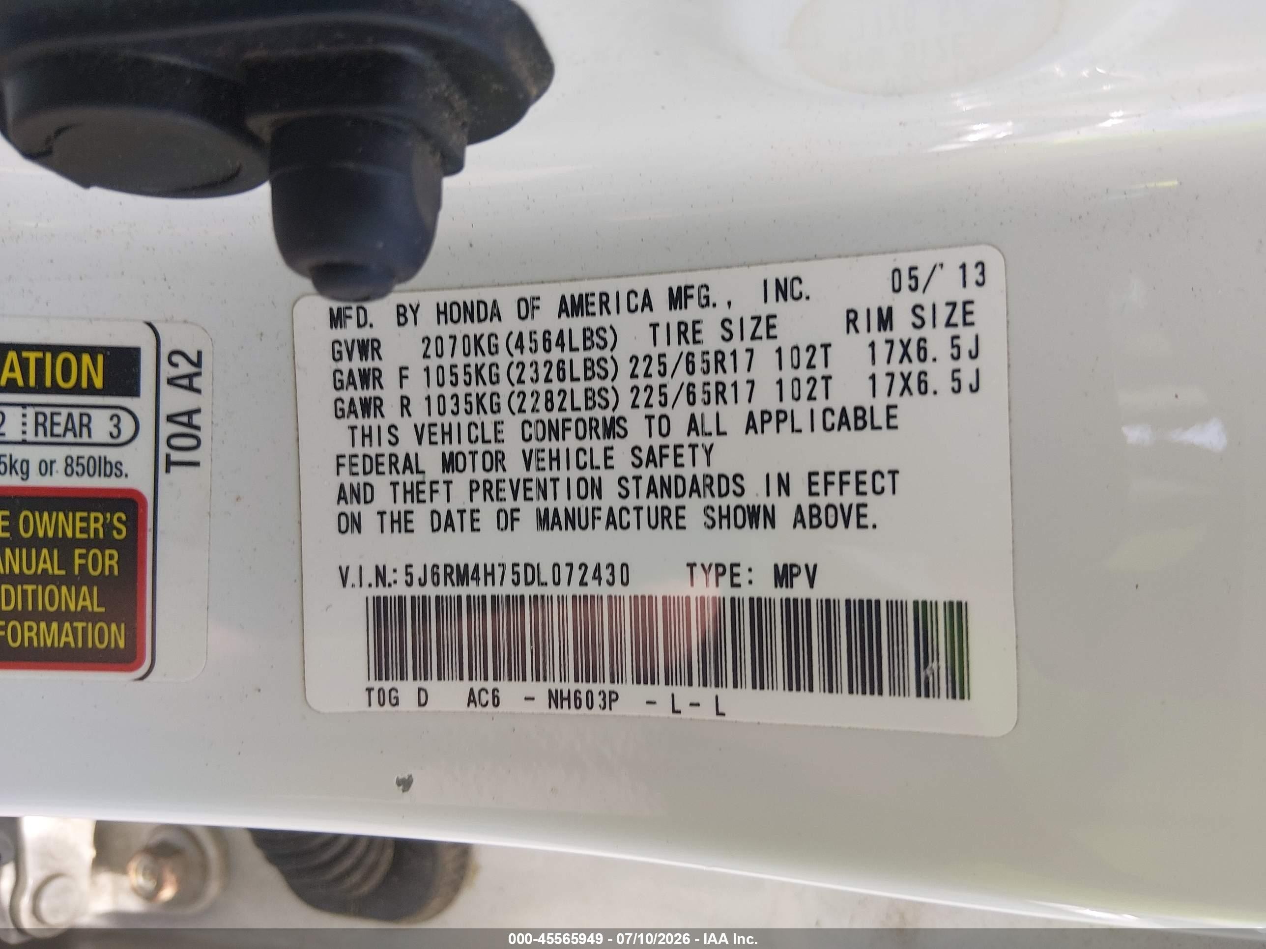 2013 Honda Cr-v Ex-l White vin: 5J6RM4H75DL072430