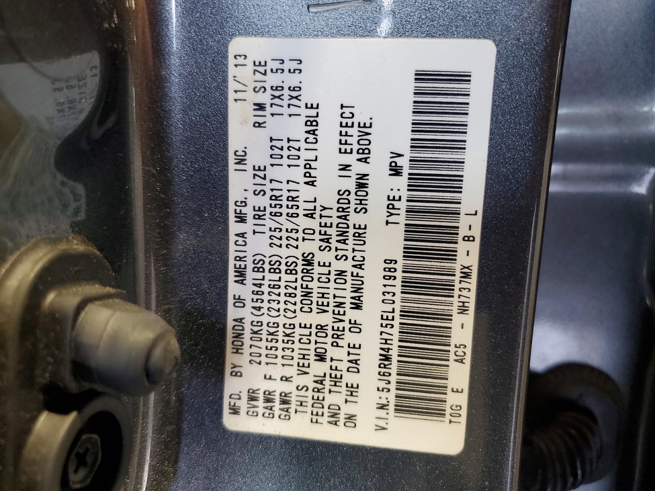 2014 Honda Cr-v Exl Gray vin: 5J6RM4H75EL031989