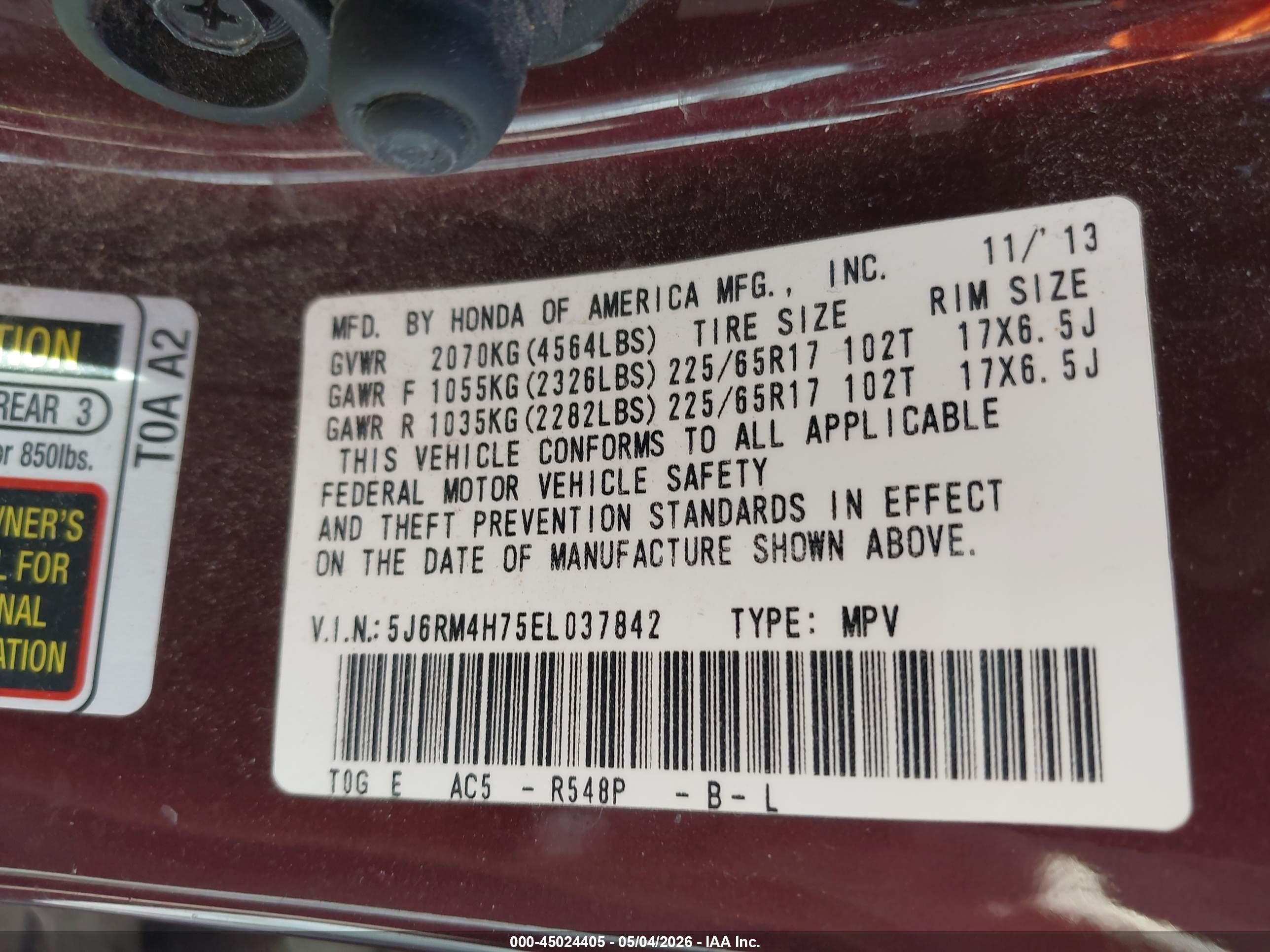2014 Honda Cr-v Ex-l Maroon vin: 5J6RM4H75EL037842