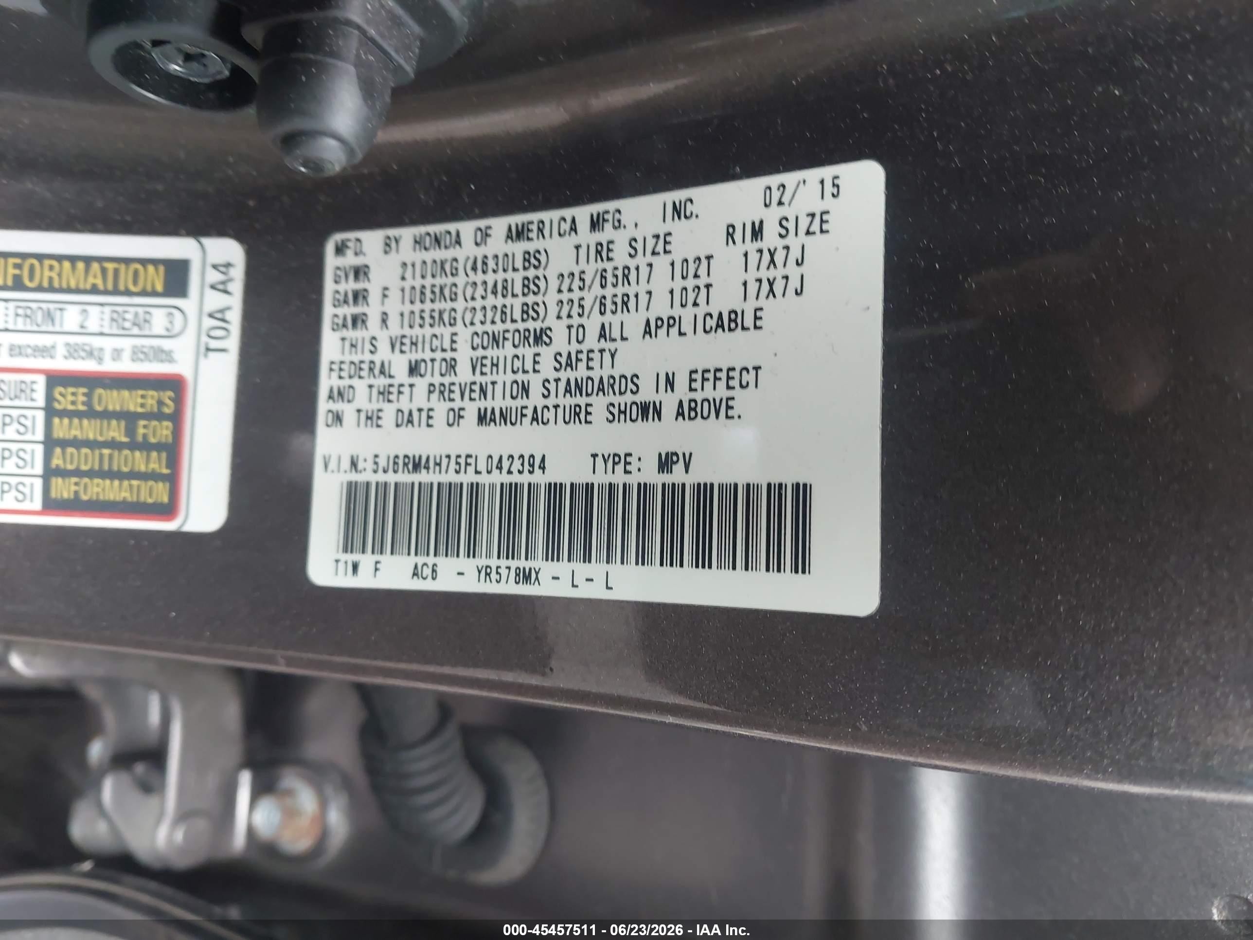 2015 Honda Cr-v Ex-l Gray vin: 5J6RM4H75FL042394