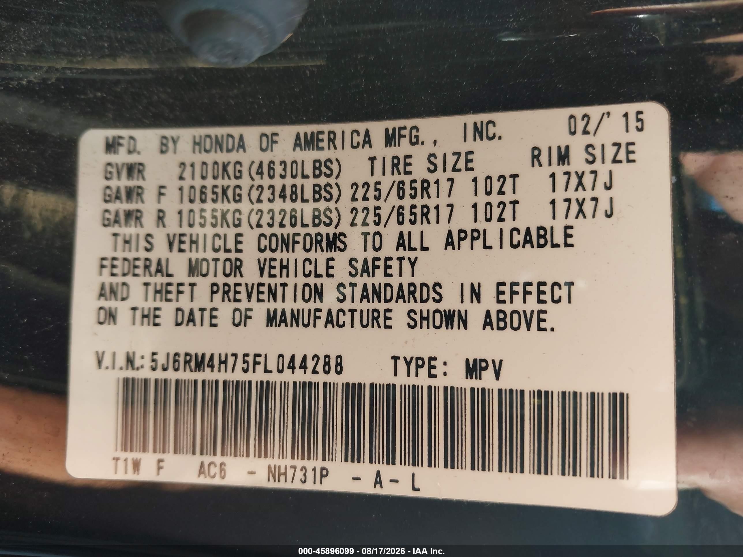 2015 Honda Cr-v Ex-l Black vin: 5J6RM4H75FL044288