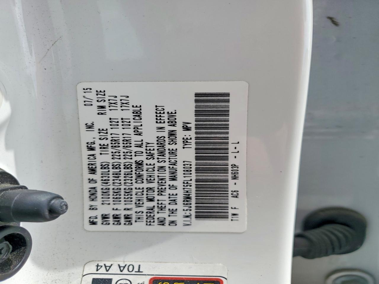 2015 Honda Cr-v Exl White vin: 5J6RM4H75FL108037