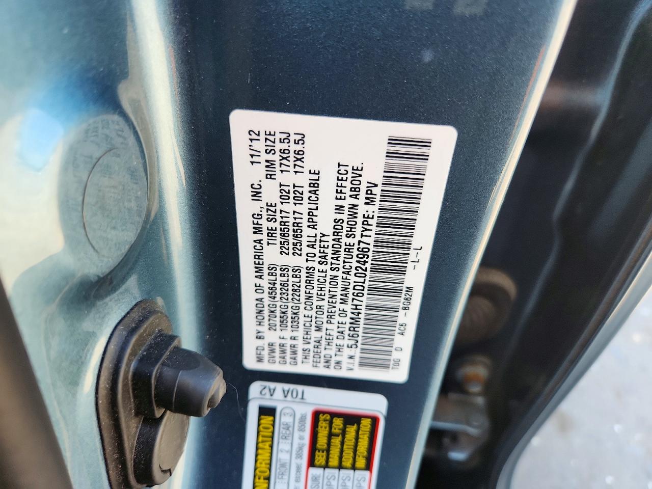 2013 Honda Cr-v Exl Turquoise vin: 5J6RM4H76DL024967