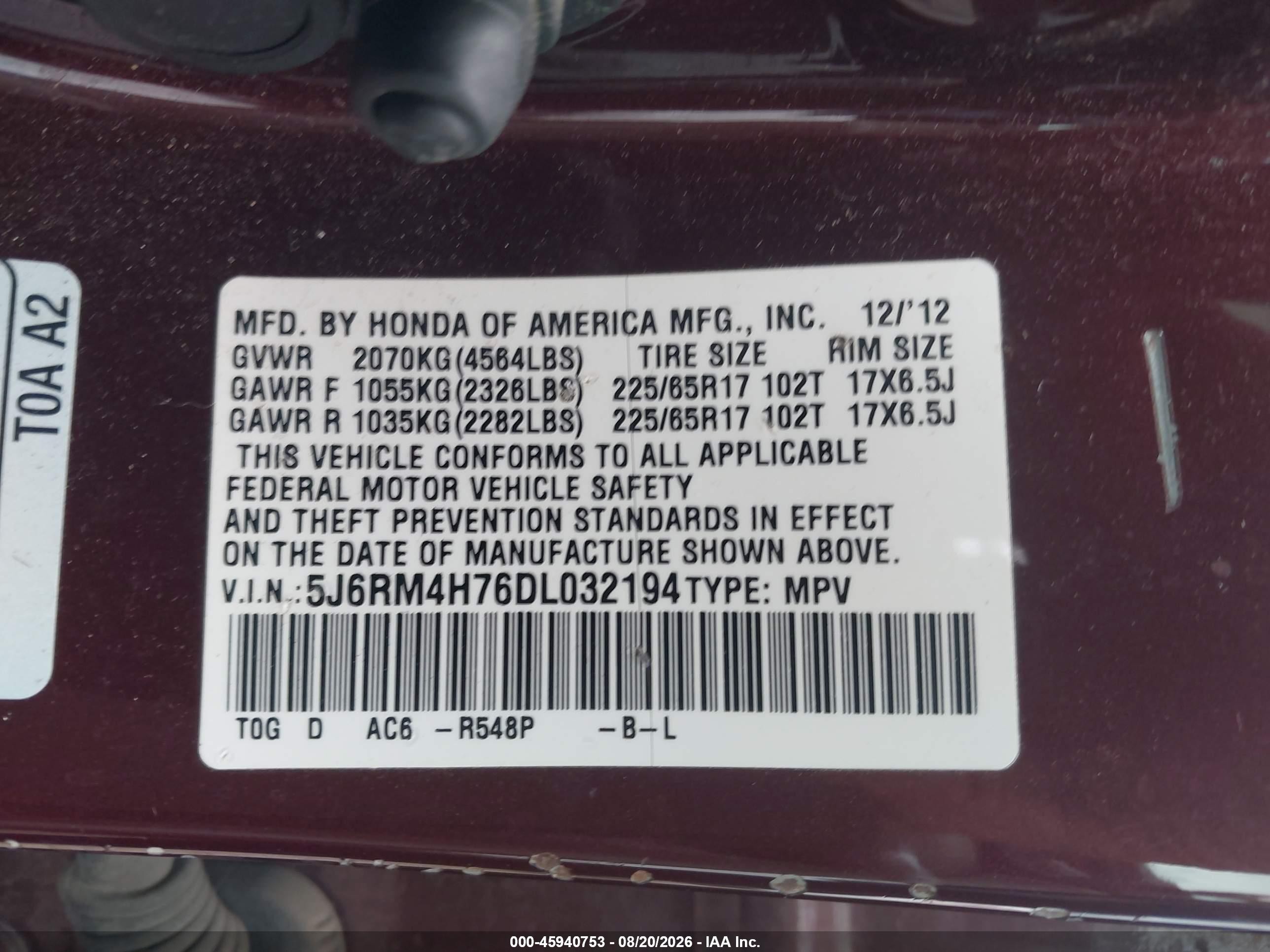 2013 Honda Cr-v Ex-l Burgundy vin: 5J6RM4H76DL032194