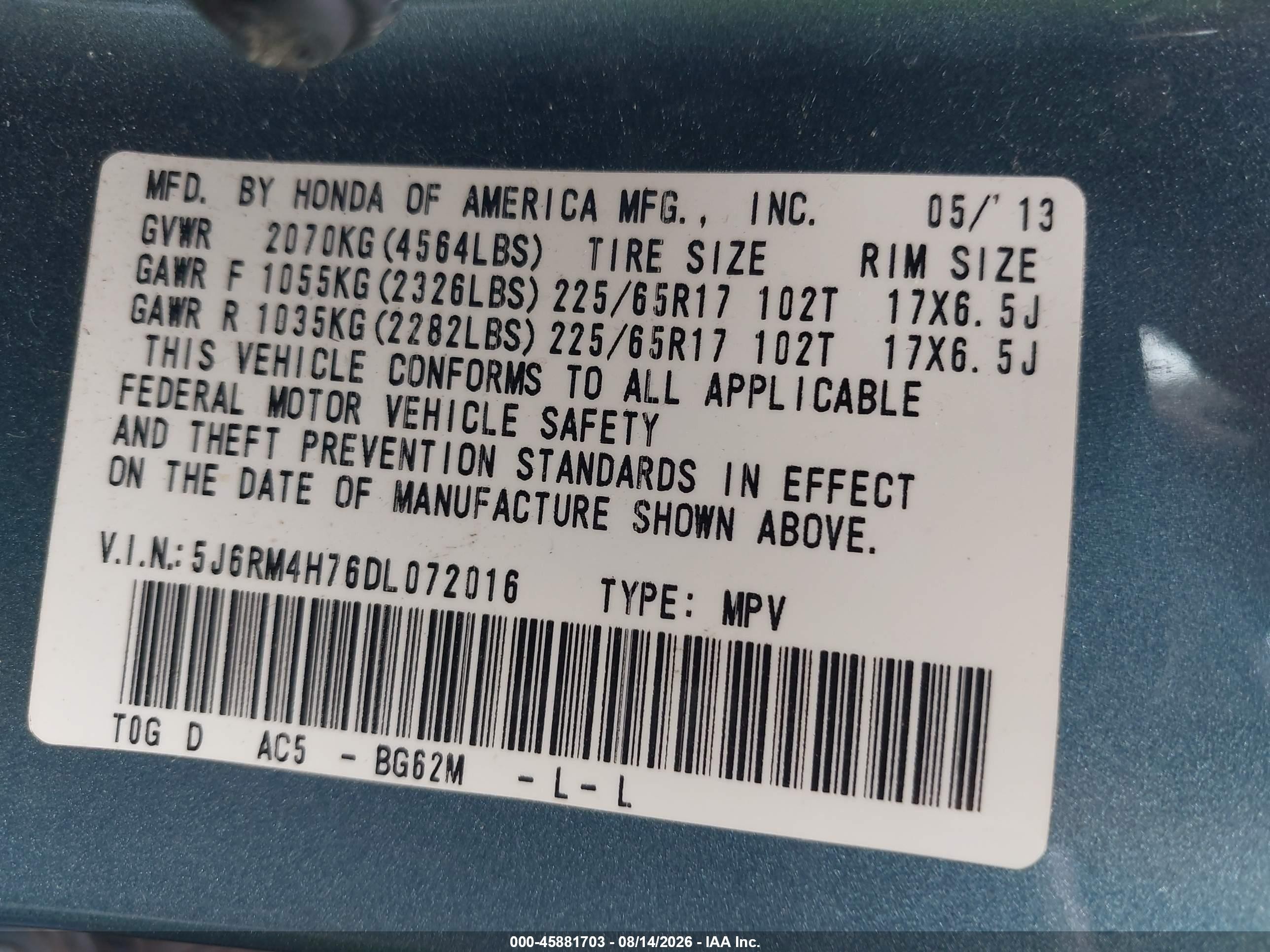 2013 Honda Cr-v Ex-l Blue vin: 5J6RM4H76DL072016