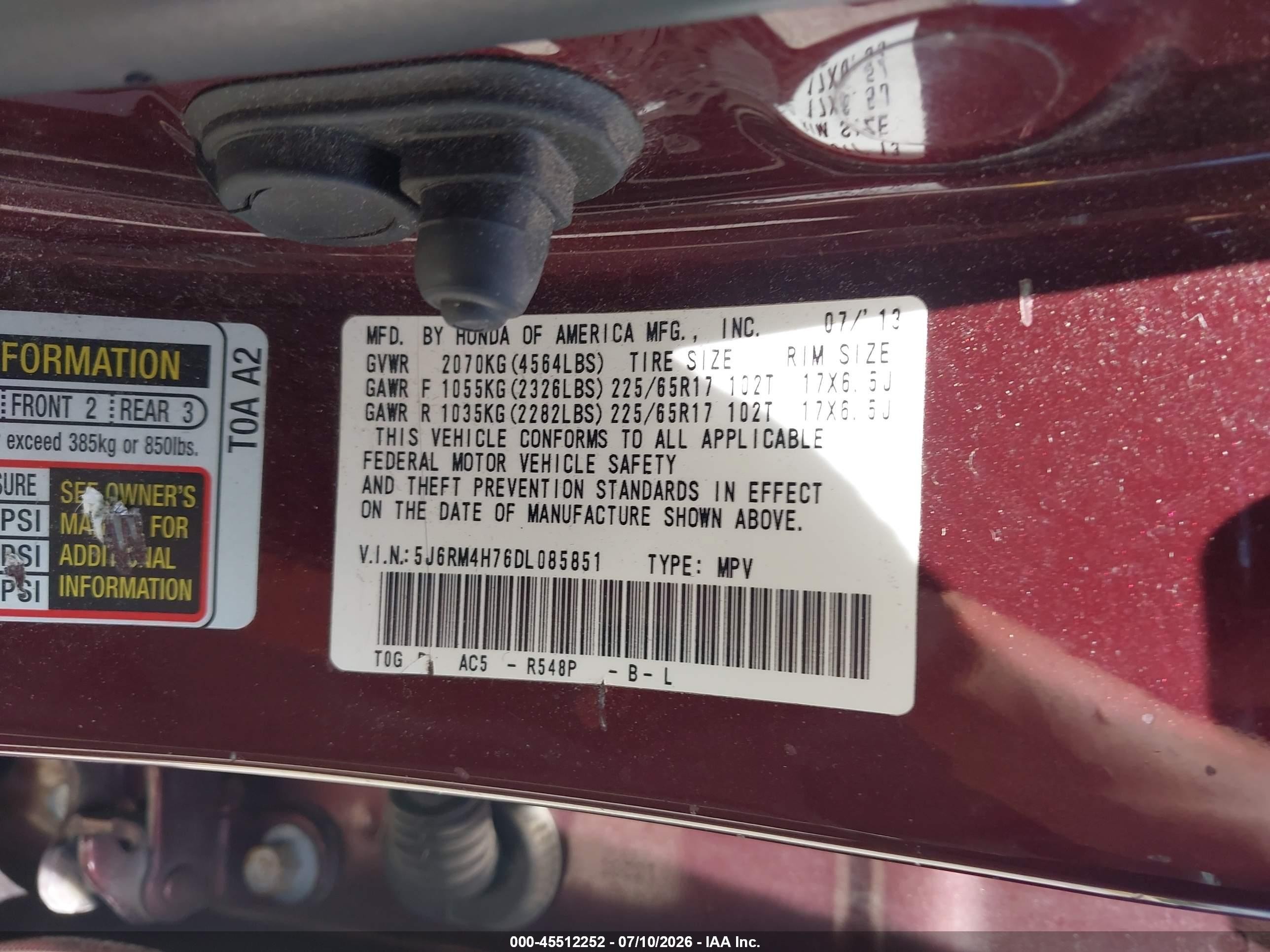 2013 Honda Cr-v Ex-l Темно-бордовый vin: 5J6RM4H76DL085851