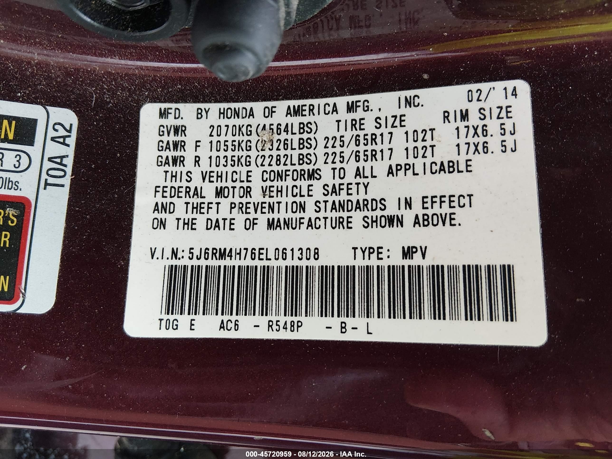 2014 Honda Cr-v Ex-l Burgundy vin: 5J6RM4H76EL061308