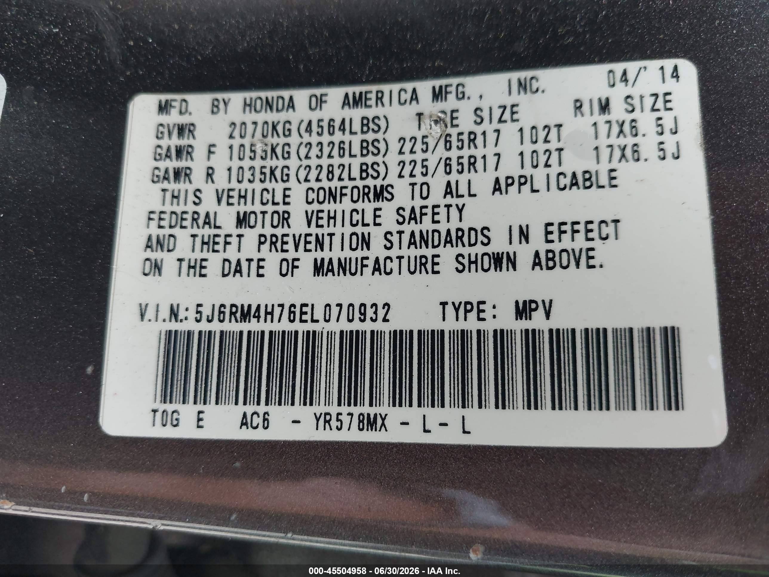 2014 Honda Cr-v Ex-l Gray vin: 5J6RM4H76EL070932