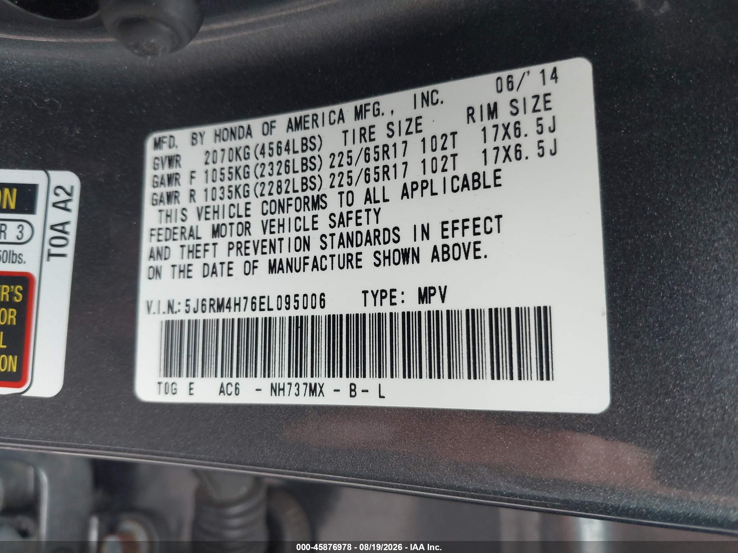 2014 Honda Cr-v Ex-l Gray vin: 5J6RM4H76EL095006
