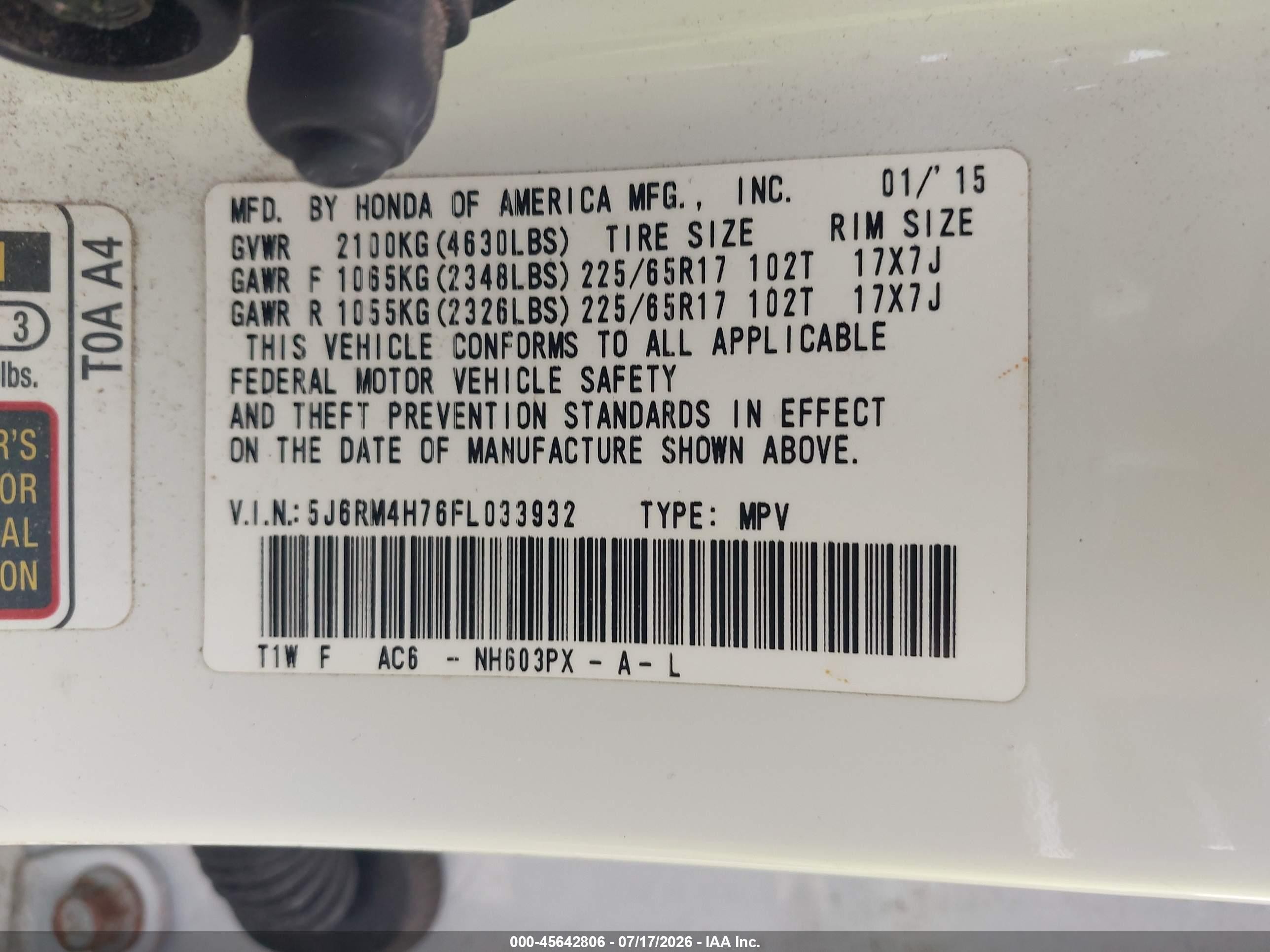 2015 Honda Cr-v Ex-l White vin: 5J6RM4H76FL033932