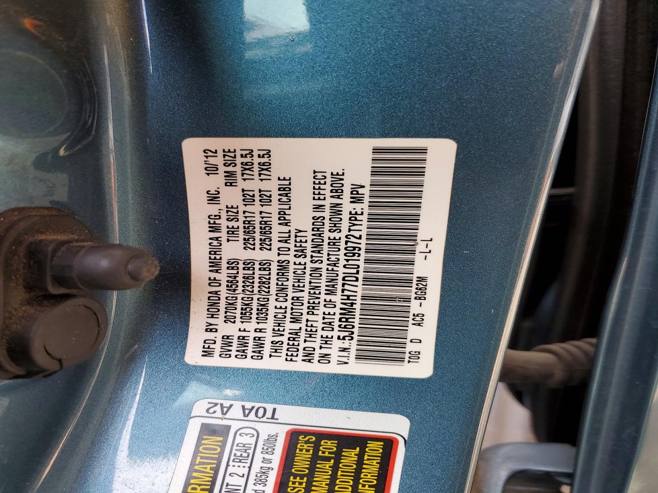 2013 Honda Cr-v Exl Blue vin: 5J6RM4H77DL019972