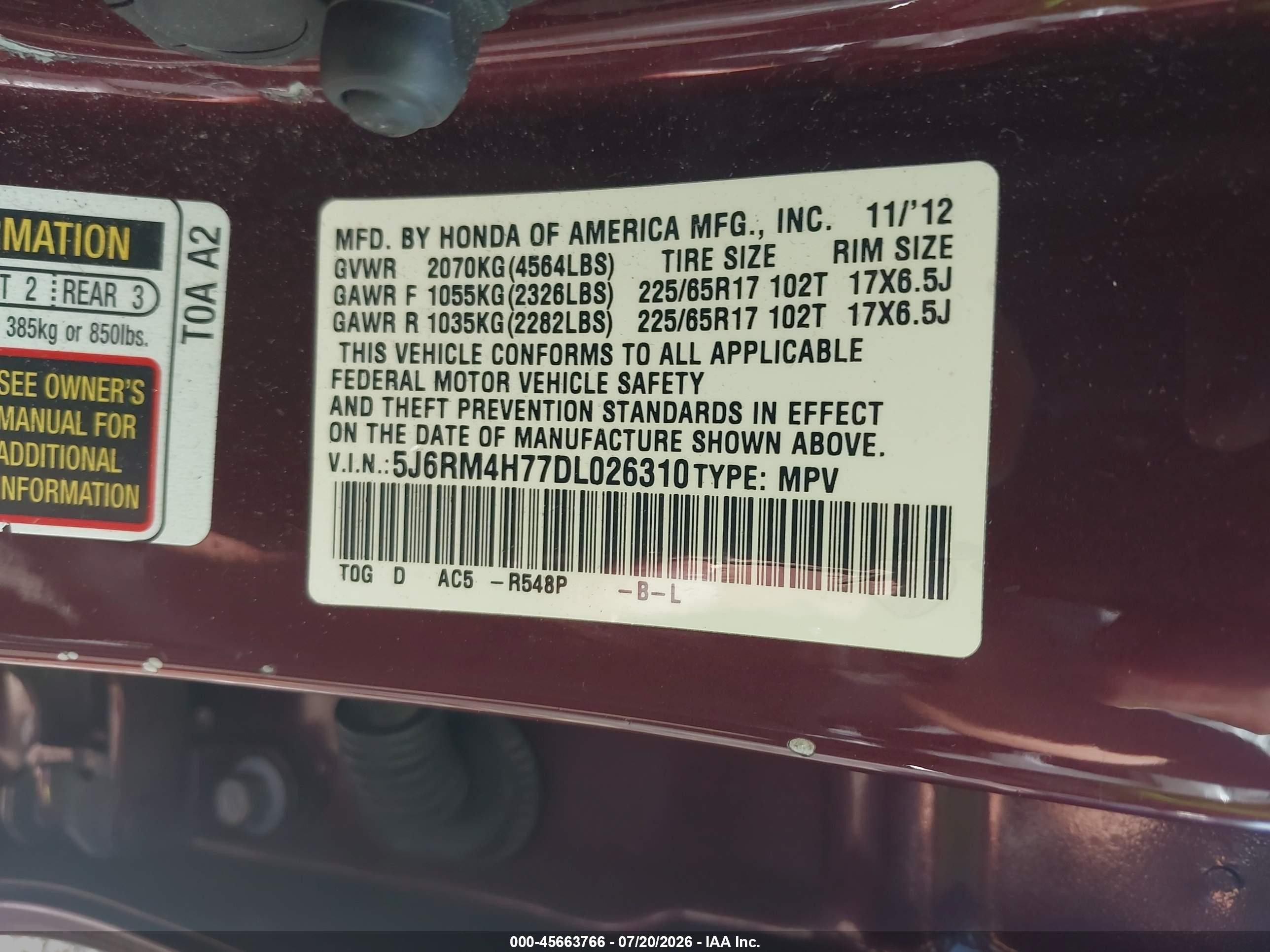 2013 Honda Cr-v Ex-l Maroon vin: 5J6RM4H77DL026310