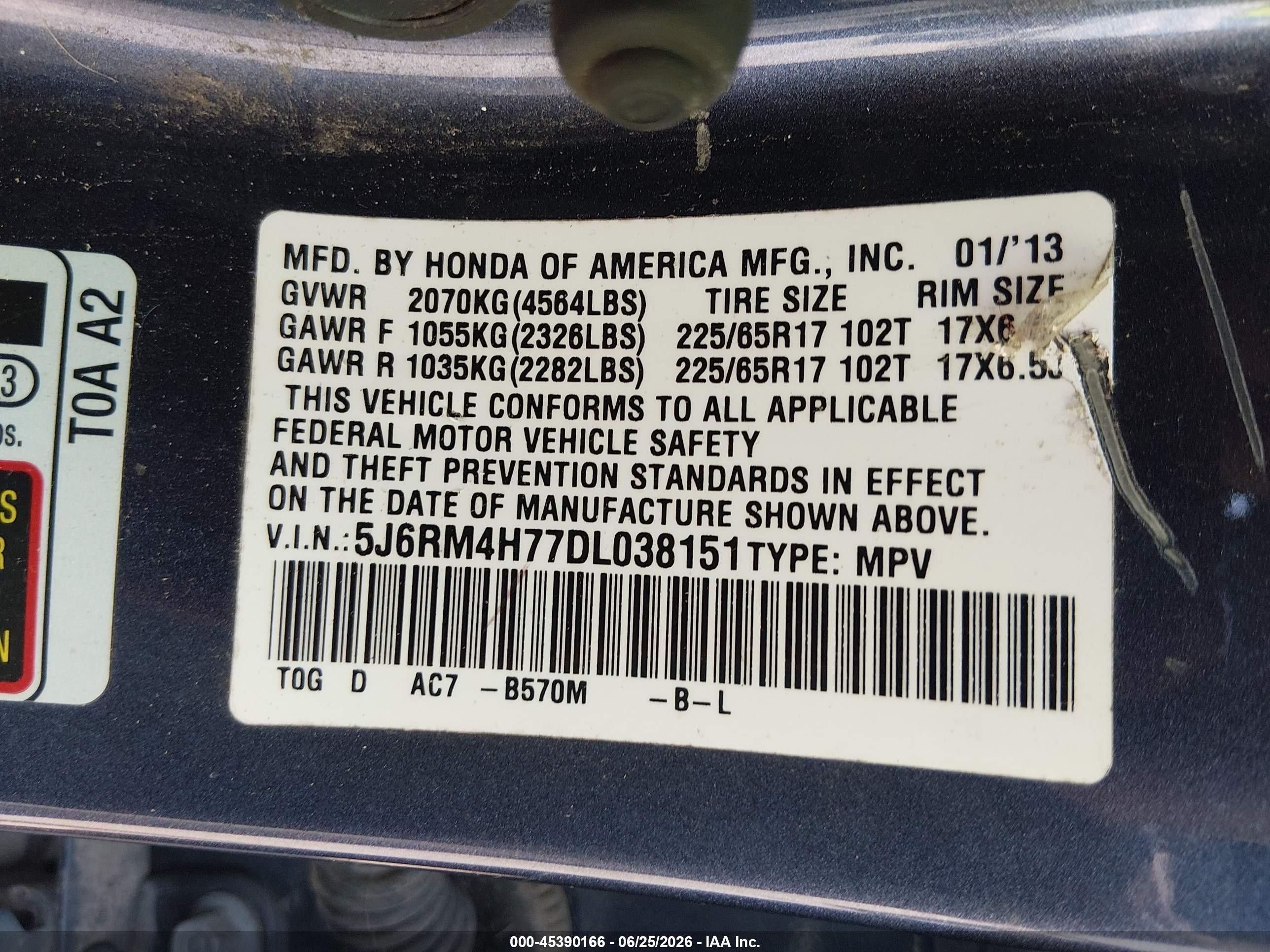 2013 Honda Cr-v Ex-l Blue vin: 5J6RM4H77DL038151