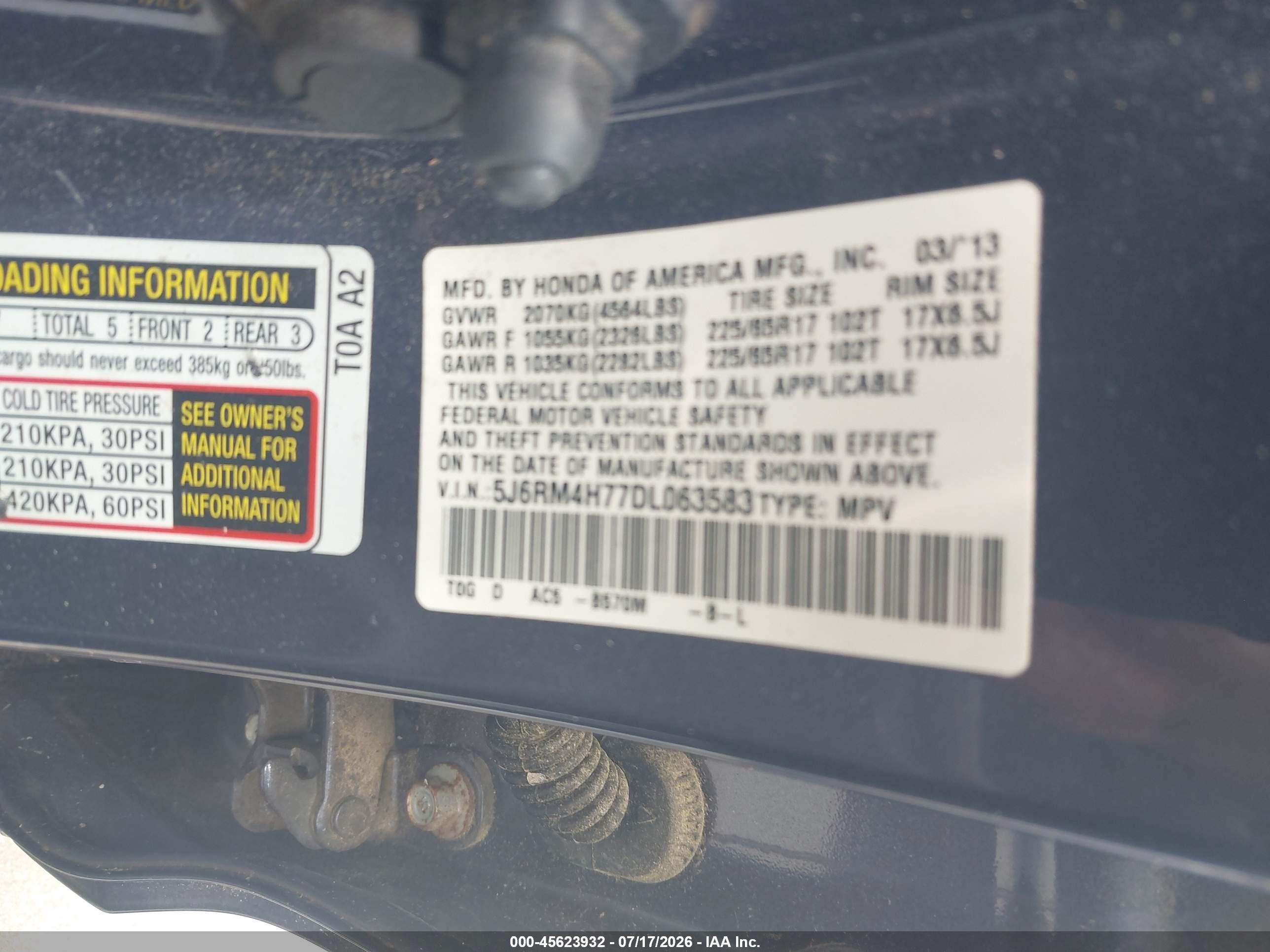 2013 Honda Cr-v Ex-l Blue vin: 5J6RM4H77DL063583