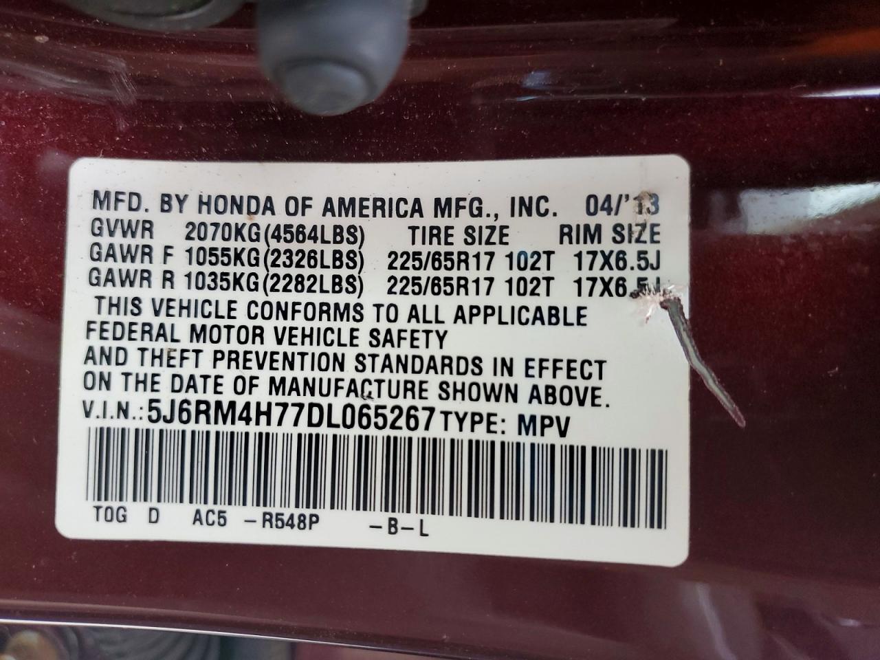 2013 Honda Cr-v Exl Burgundy vin: 5J6RM4H77DL065267