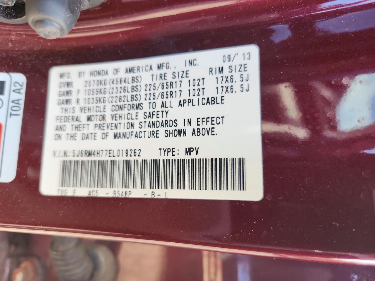 2014 Honda Cr-v Exl Burgundy vin: 5J6RM4H77EL019262