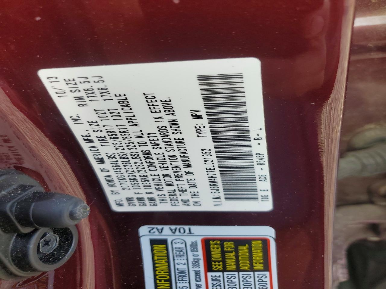 2014 Honda Cr-v Exl Burgundy vin: 5J6RM4H77EL021352