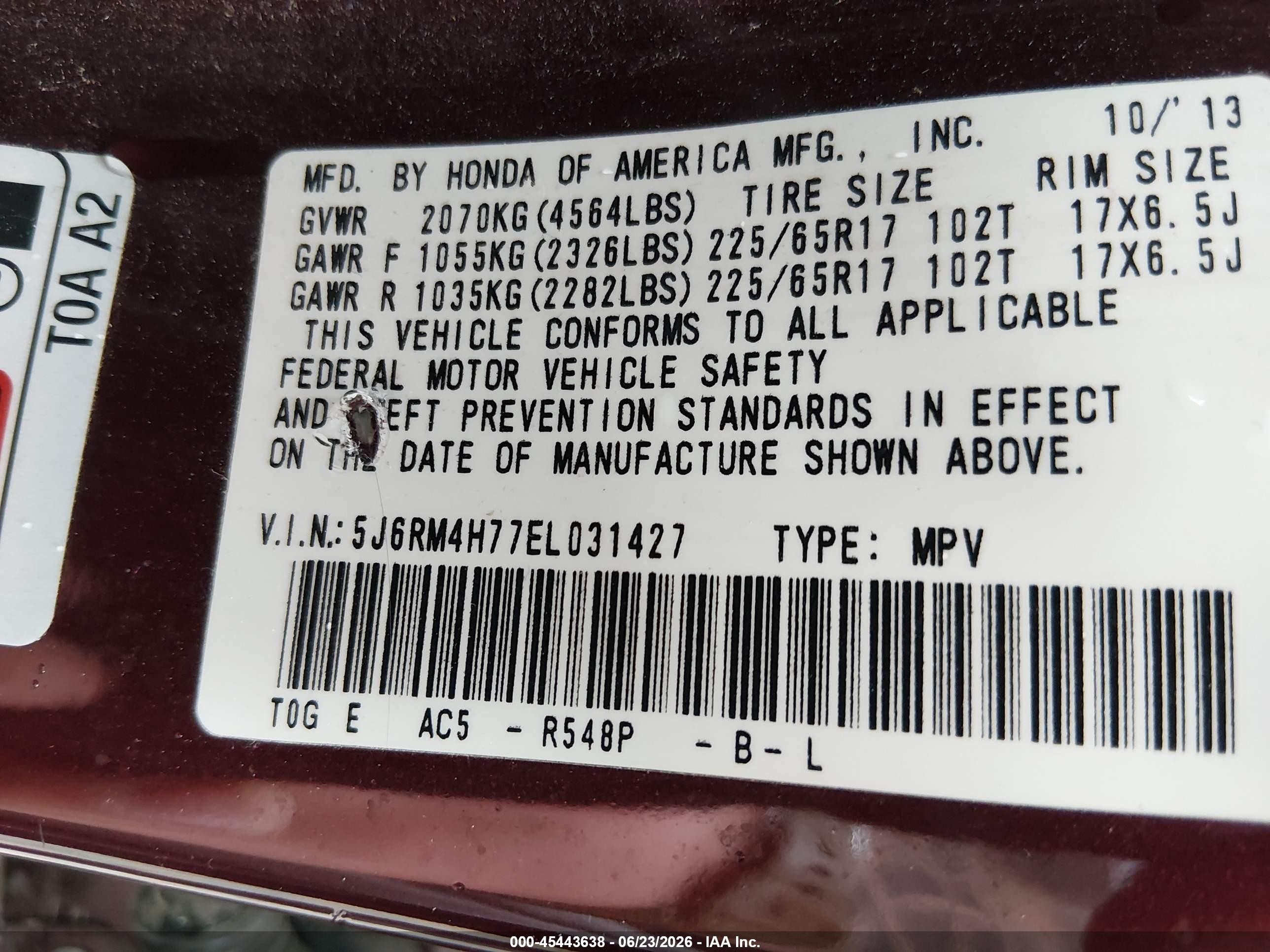 2014 Honda Cr-v Ex-l Maroon vin: 5J6RM4H77EL031427