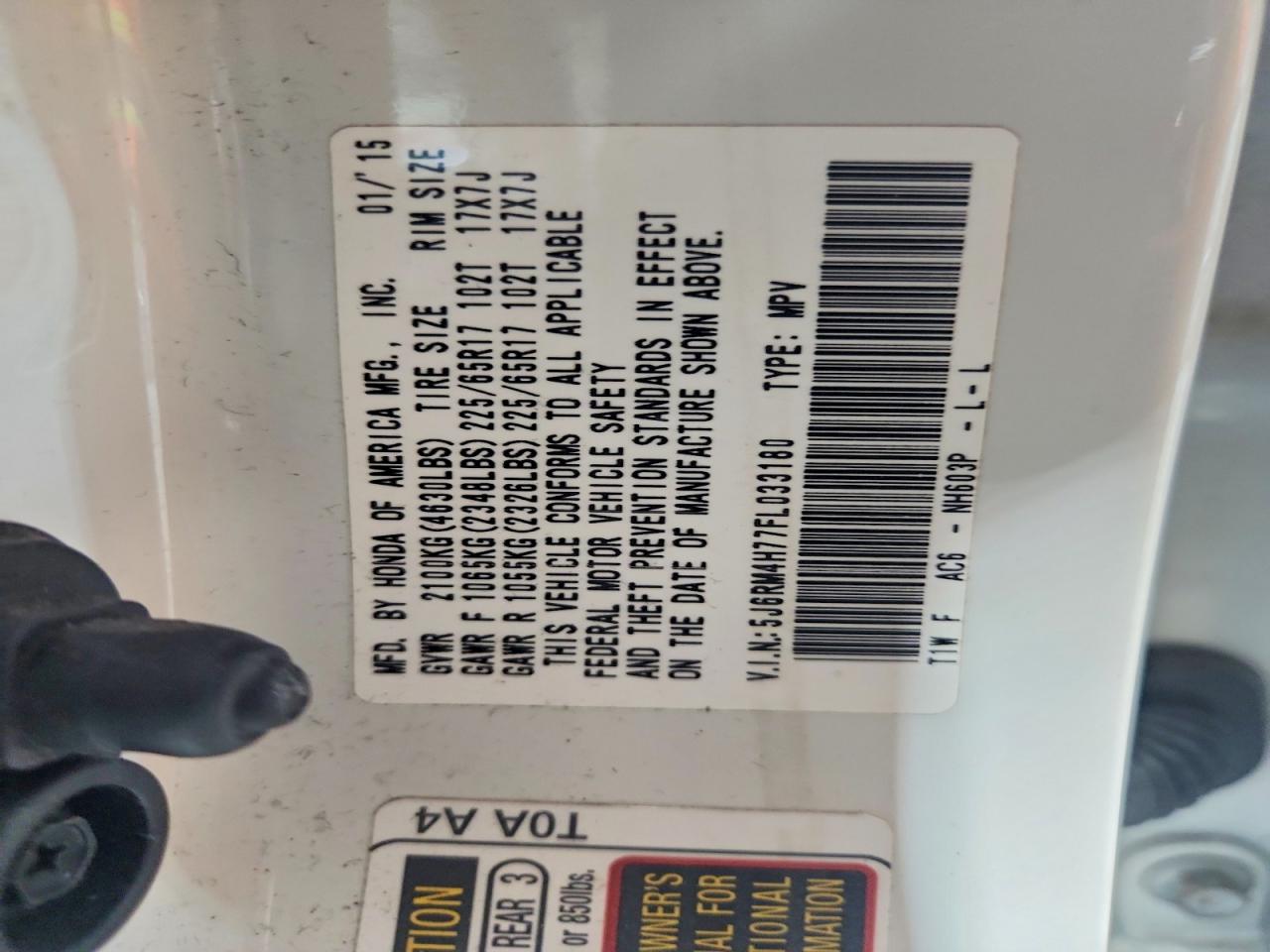2015 Honda Cr-v Exl White vin: 5J6RM4H77FL033180