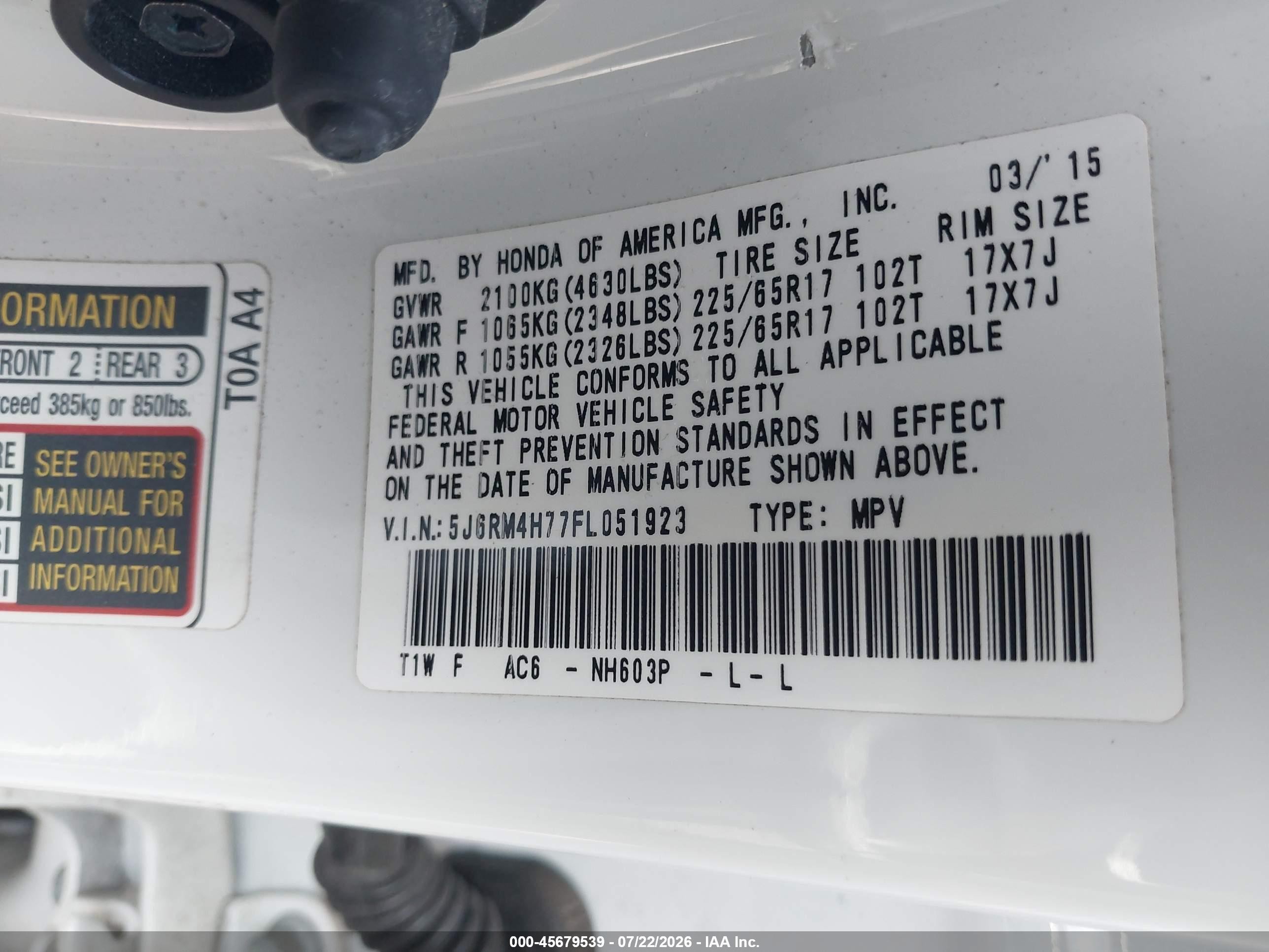 2015 Honda Cr-v Ex-l White vin: 5J6RM4H77FL051923