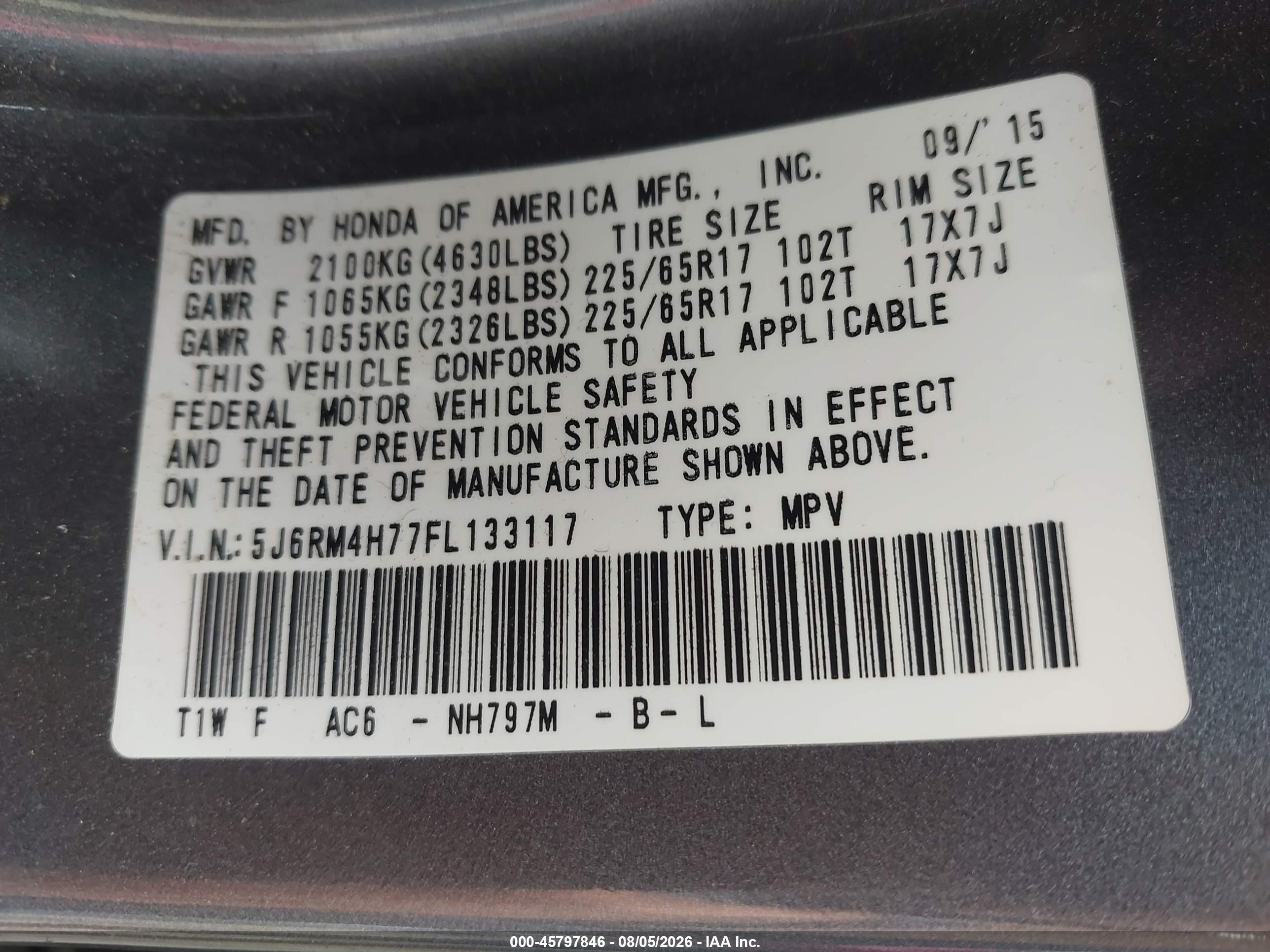 2015 Honda Cr-v Ex-l Gray vin: 5J6RM4H77FL133117